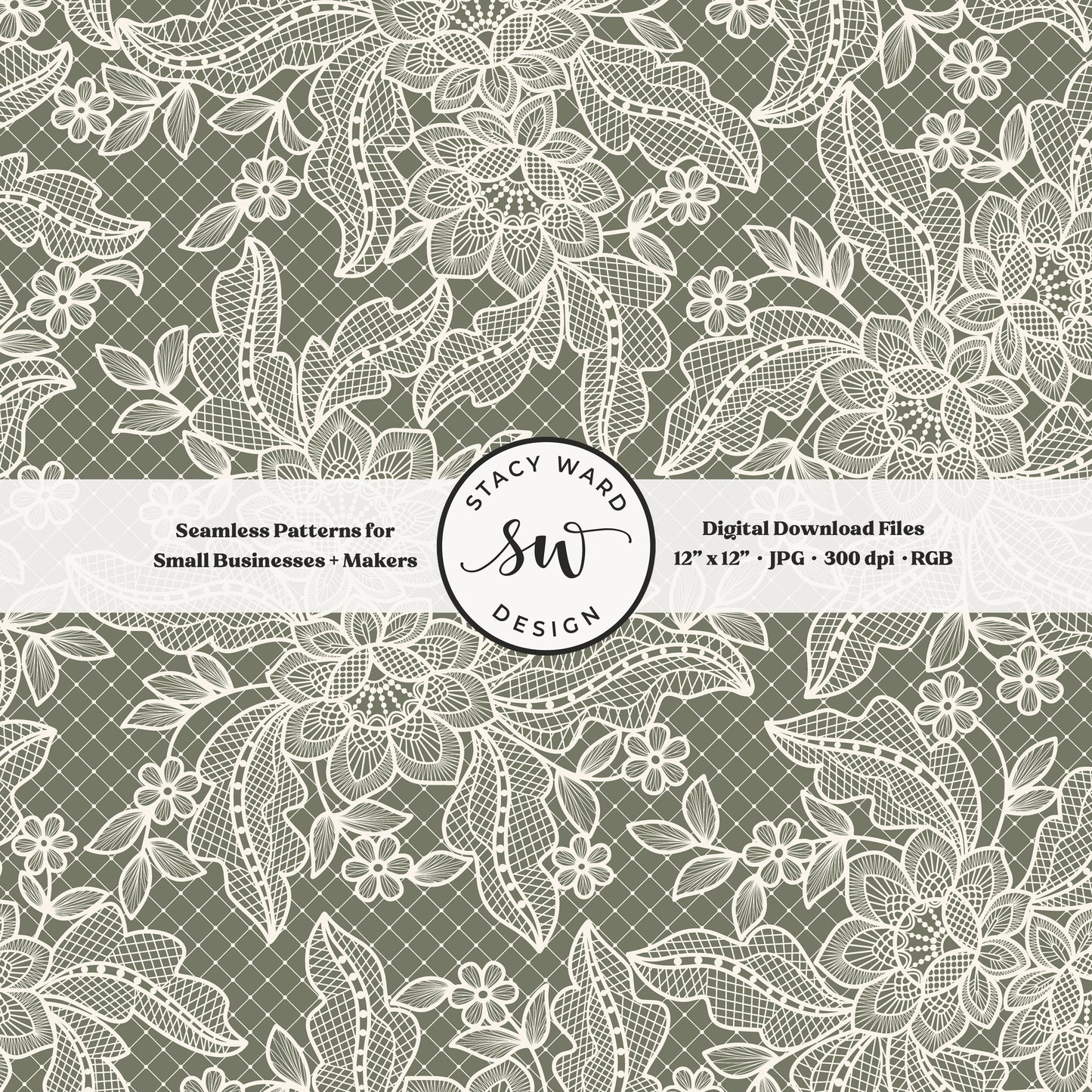 Coquette floral lace seamless pattern in vintage cream on earth tone olive green bandana handkerchief inspired faux lacework