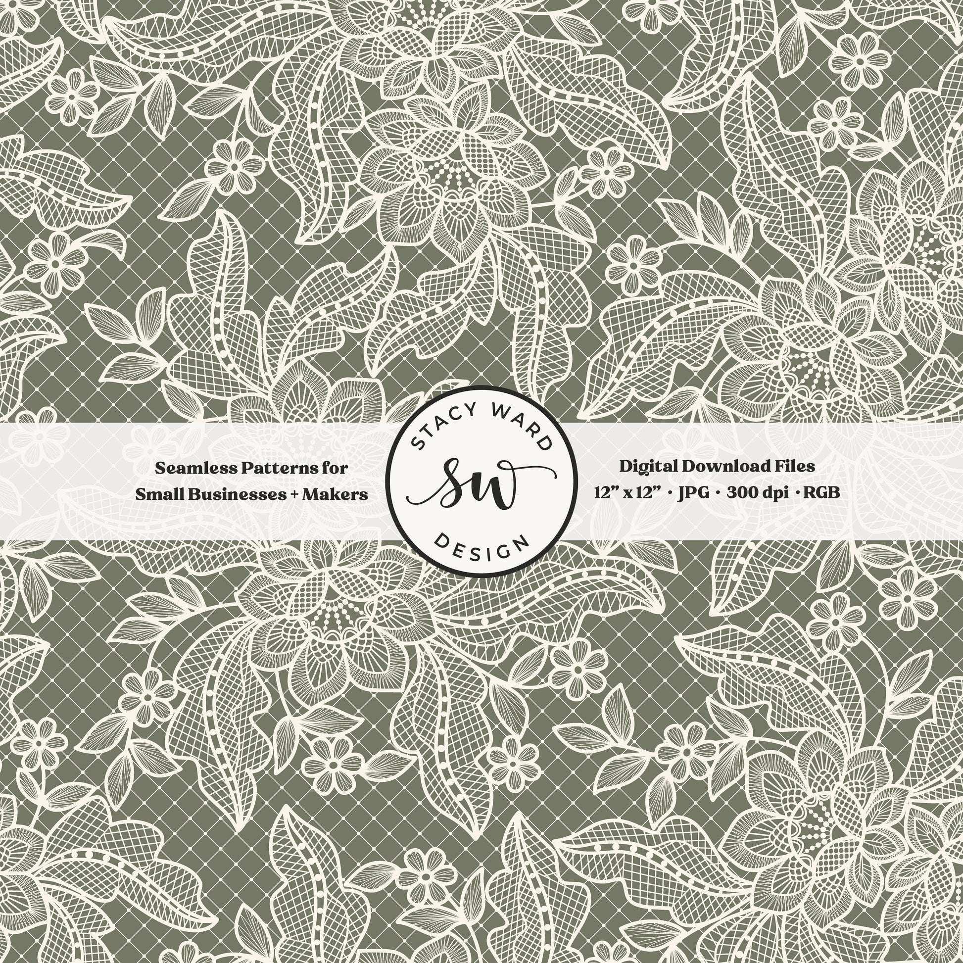 Coquette floral lace seamless pattern in vintage cream on earth tone olive green bandana handkerchief inspired faux lacework