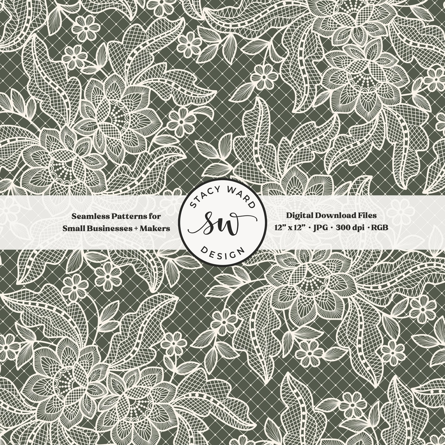 Coquette floral lace seamless pattern in vintage cream on deep forest green bandana handkerchief inspired faux lacework
