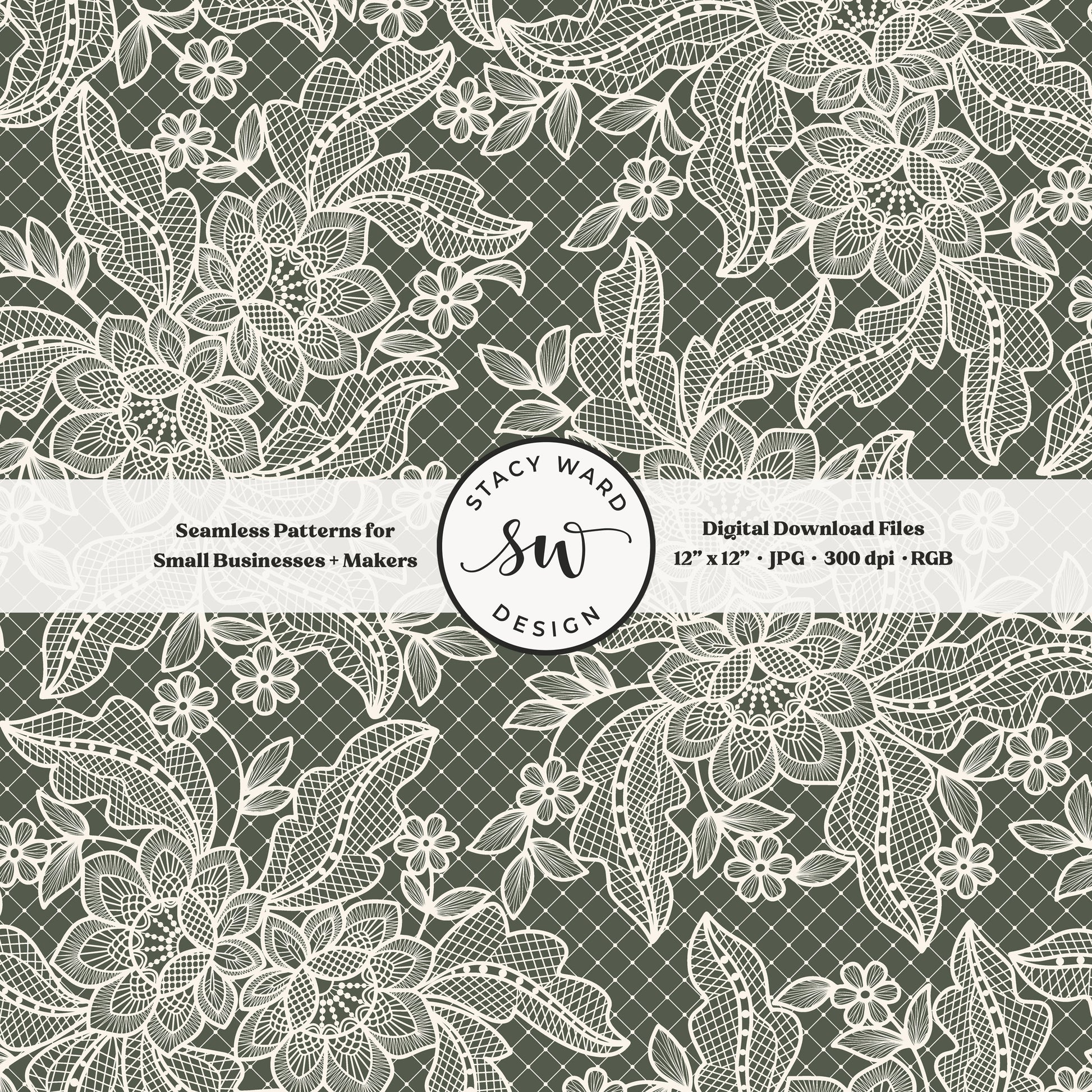 Coquette floral lace seamless pattern in vintage cream on deep forest green bandana handkerchief inspired faux lacework