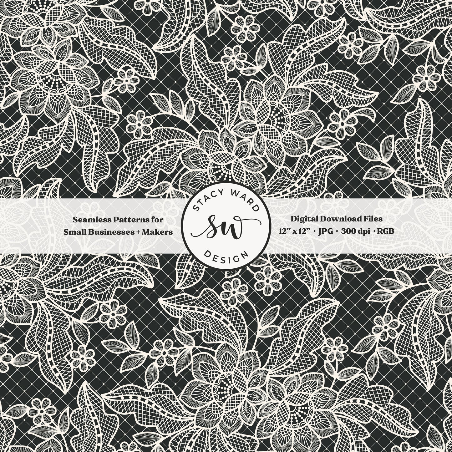 Coquette floral lace seamless pattern in vintage cream on dramatic charcoal black bandana handkerchief inspired faux lacework