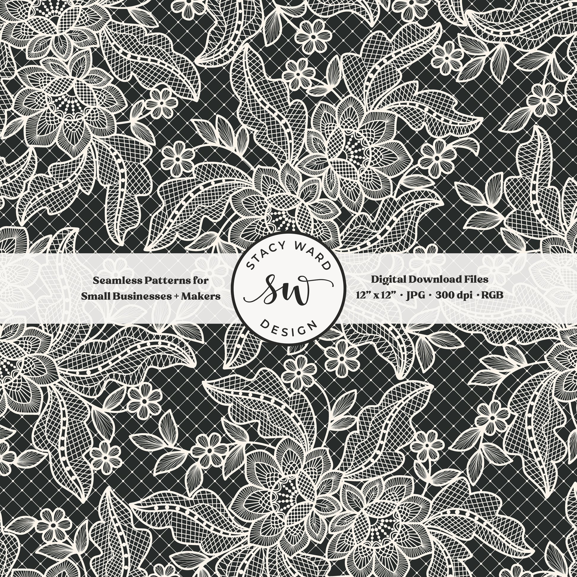 Coquette floral lace seamless pattern in vintage cream on dramatic charcoal black bandana handkerchief inspired faux lacework