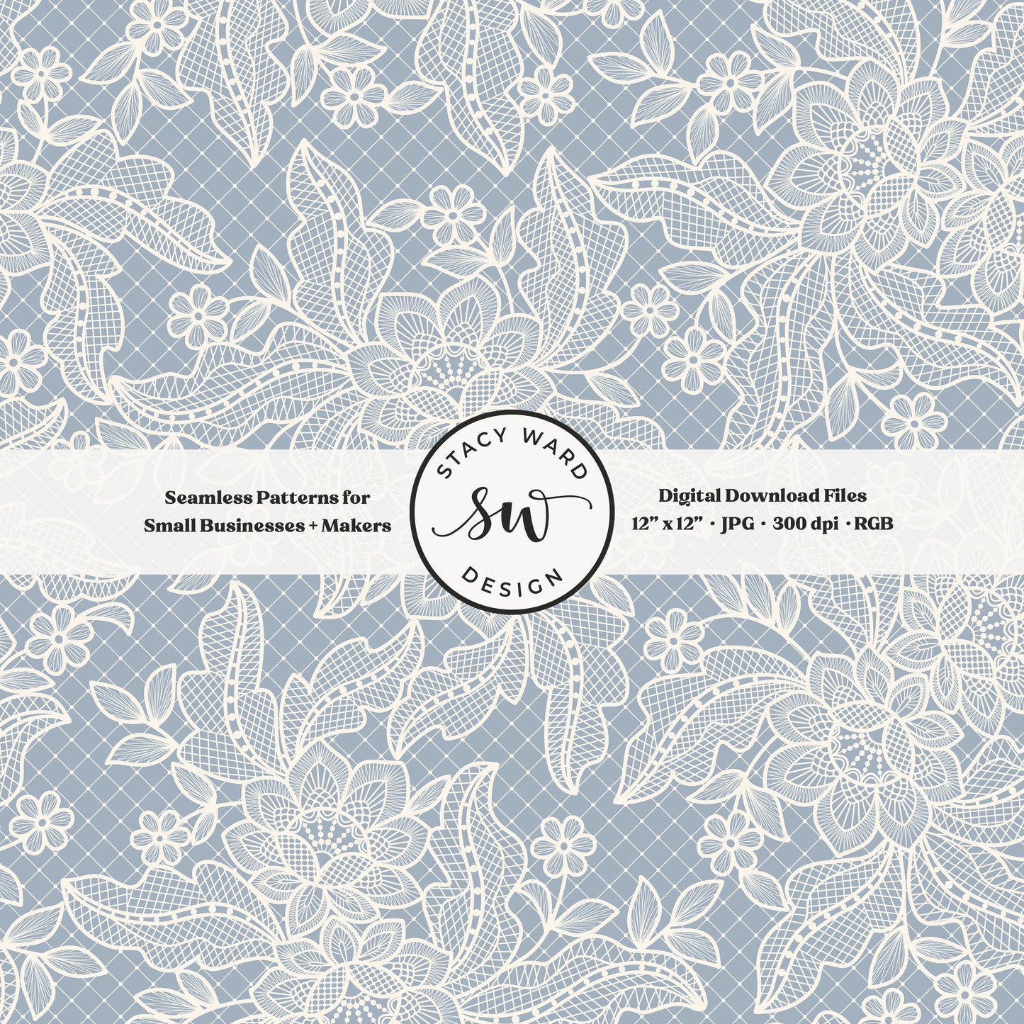 Coquette floral lace seamless pattern in vintage cream on coastal muted blue bandana handkerchief inspired faux lacework