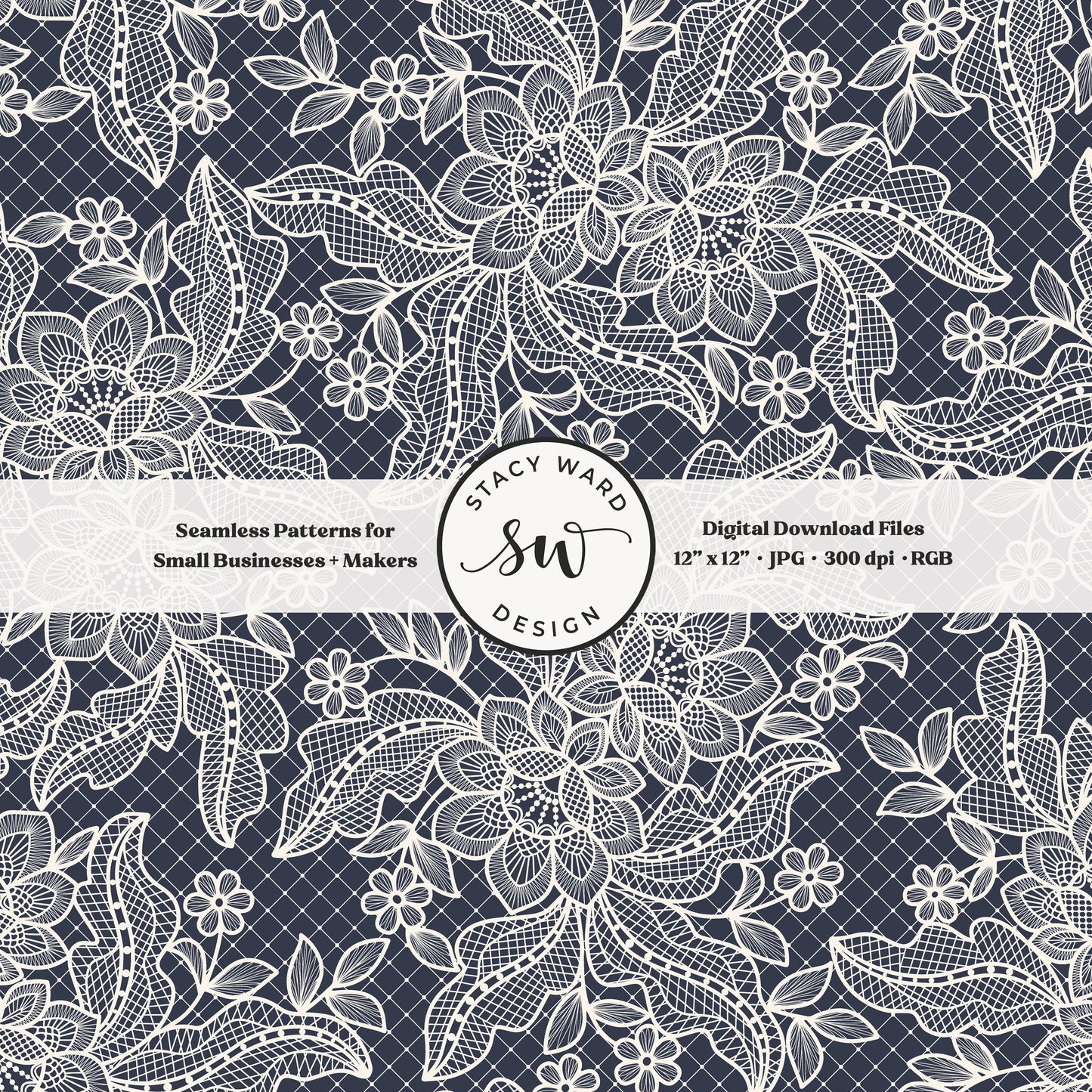 Coquette floral lace seamless pattern in vintage cream on dark navy blue bandana handkerchief inspired faux lacework