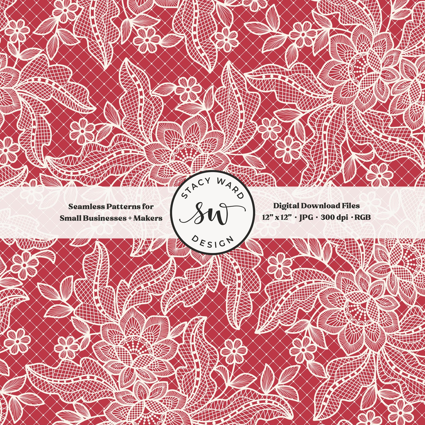 Coquette floral lace seamless pattern in vintage cream on summer crimson red bandana handkerchief inspired faux lacework