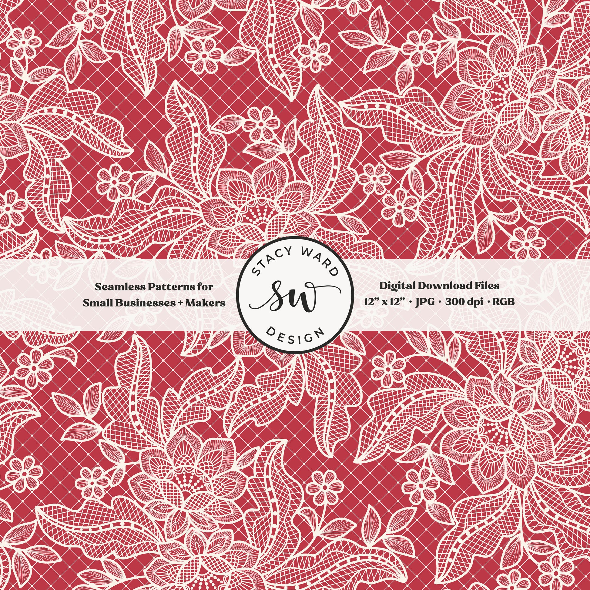 Coquette floral lace seamless pattern in vintage cream on summer crimson red bandana handkerchief inspired faux lacework