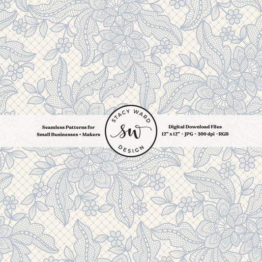 Granny Chic faux lacework seamless pattern in muted pastel blue on cream romantic regencycore floral lace