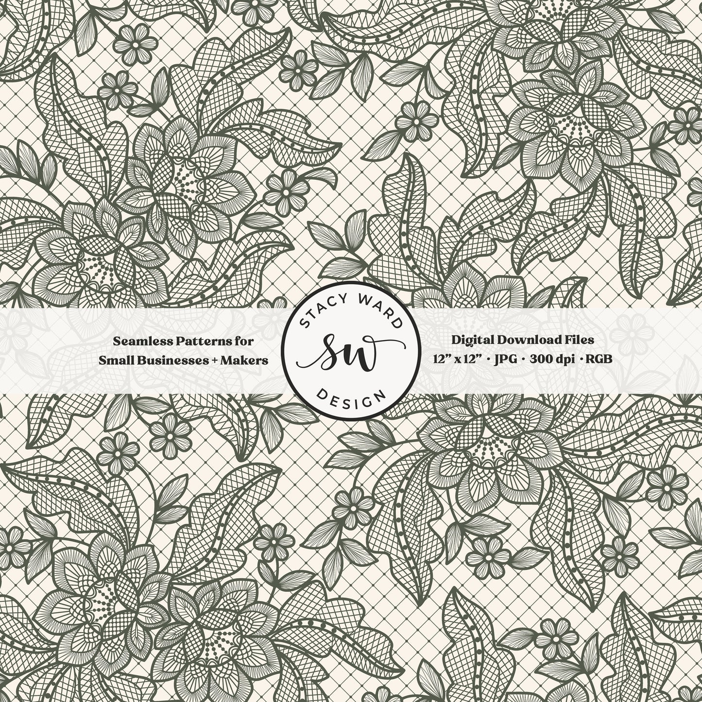 Granny Chic faux lacework seamless pattern in deep forest green on cream romantic regencycore floral lace