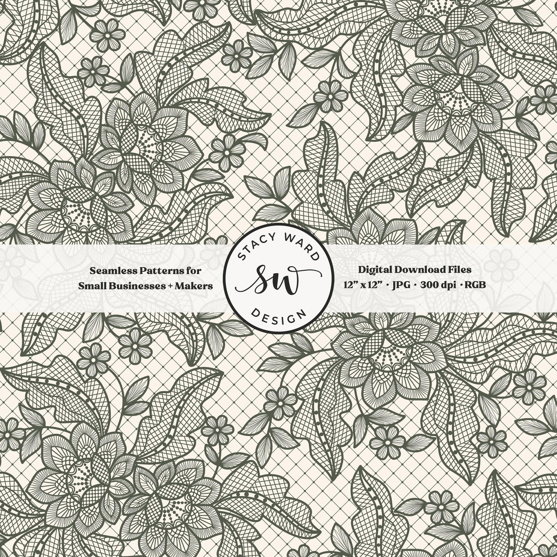 Granny Chic faux lacework seamless pattern in deep forest green on cream romantic regencycore floral lace