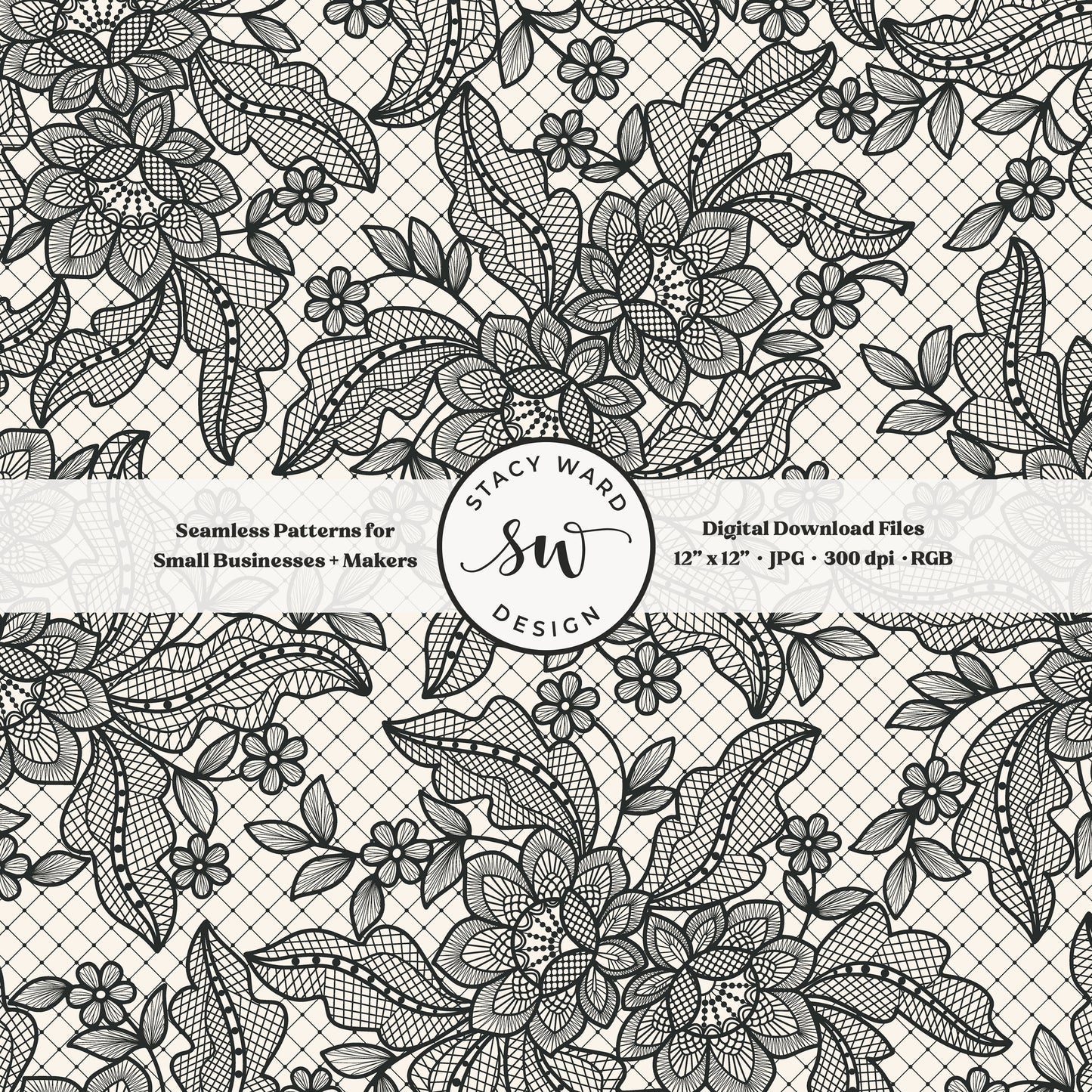 Granny Chic faux lacework seamless pattern in dramatic charcoal black on cream romantic regencycore floral lace