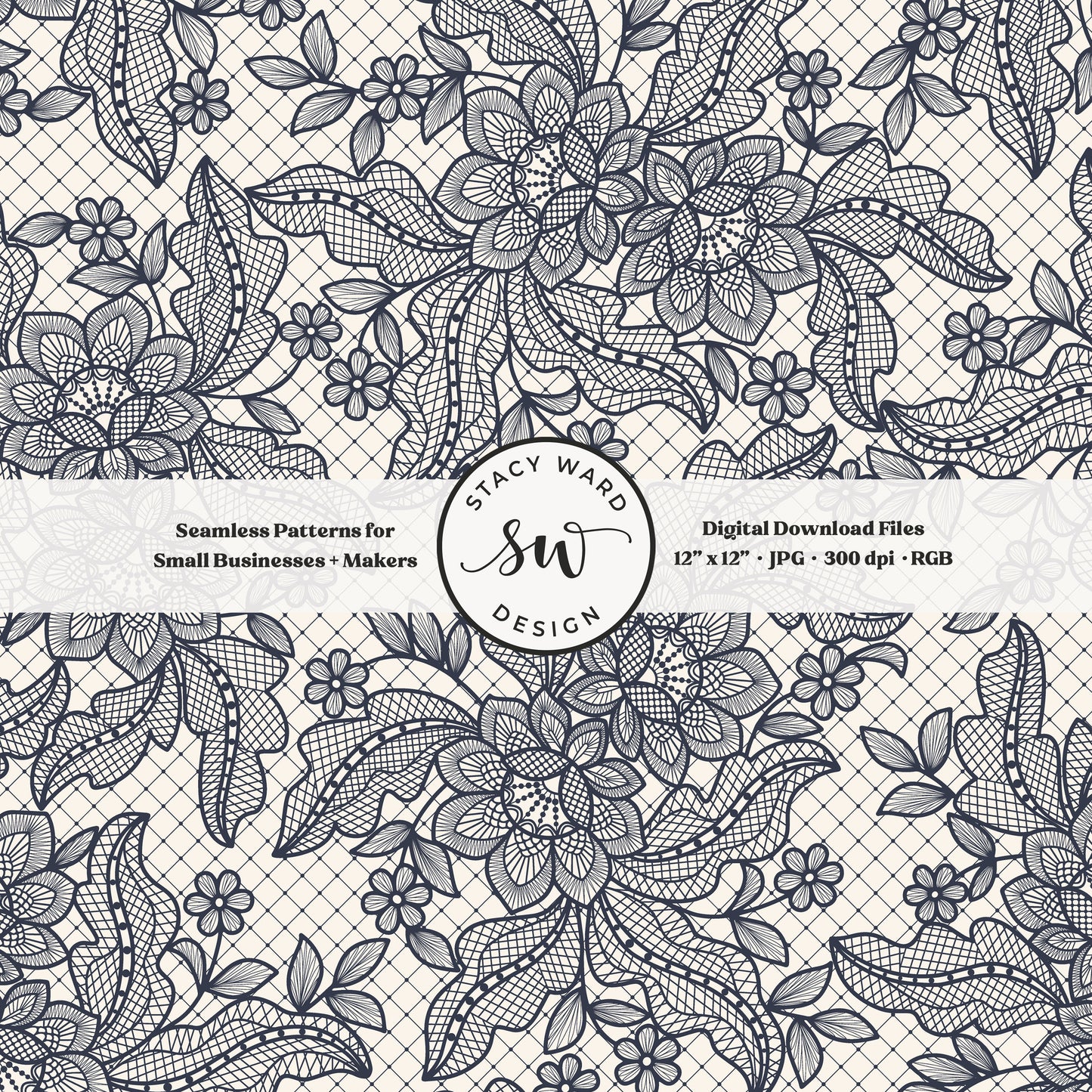 Granny Chic faux lacework seamless pattern in dark navy blue on cream romantic regencycore floral lace