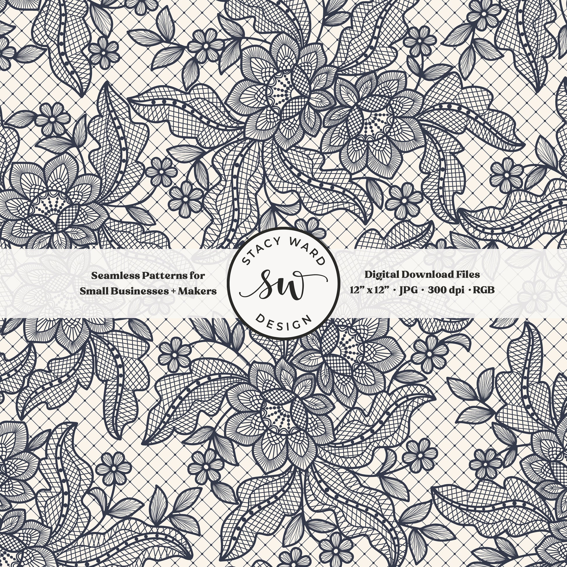 Granny Chic faux lacework seamless pattern in dark navy blue on cream romantic regencycore floral lace