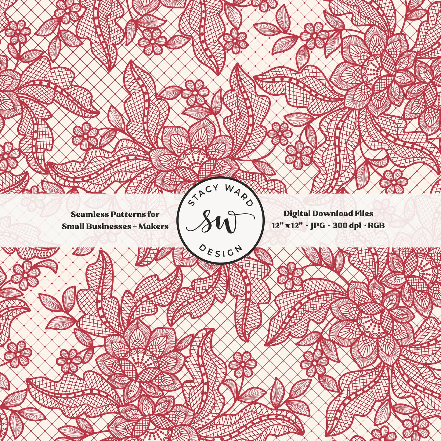 Granny Chic faux lacework seamless pattern in summer watermelon red on cream romantic regencycore floral lace