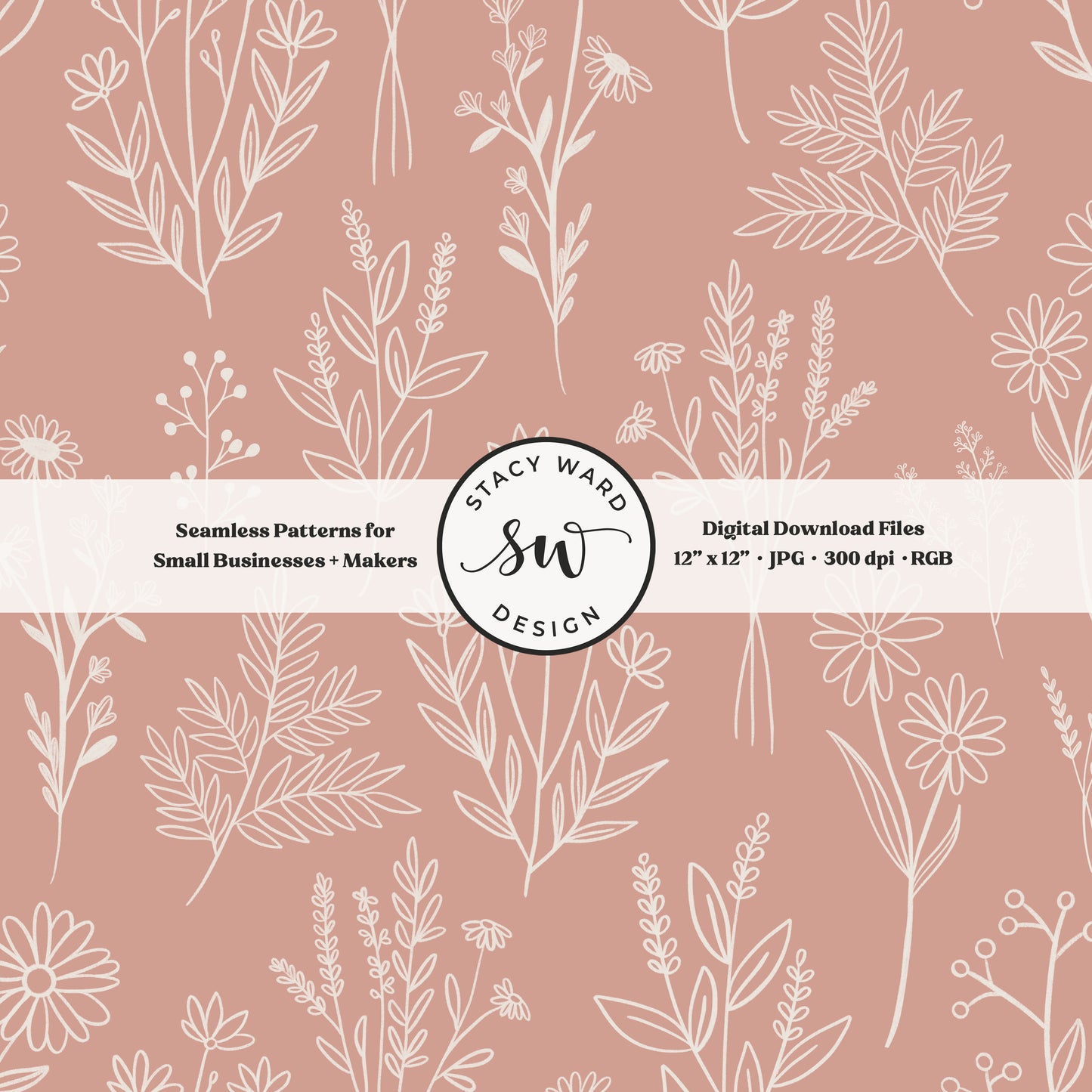 Sketchy line art wildflower illustrations in a seamless pattern in cream chalk style flowers on feminine dusty rose delicate floral toile botanical