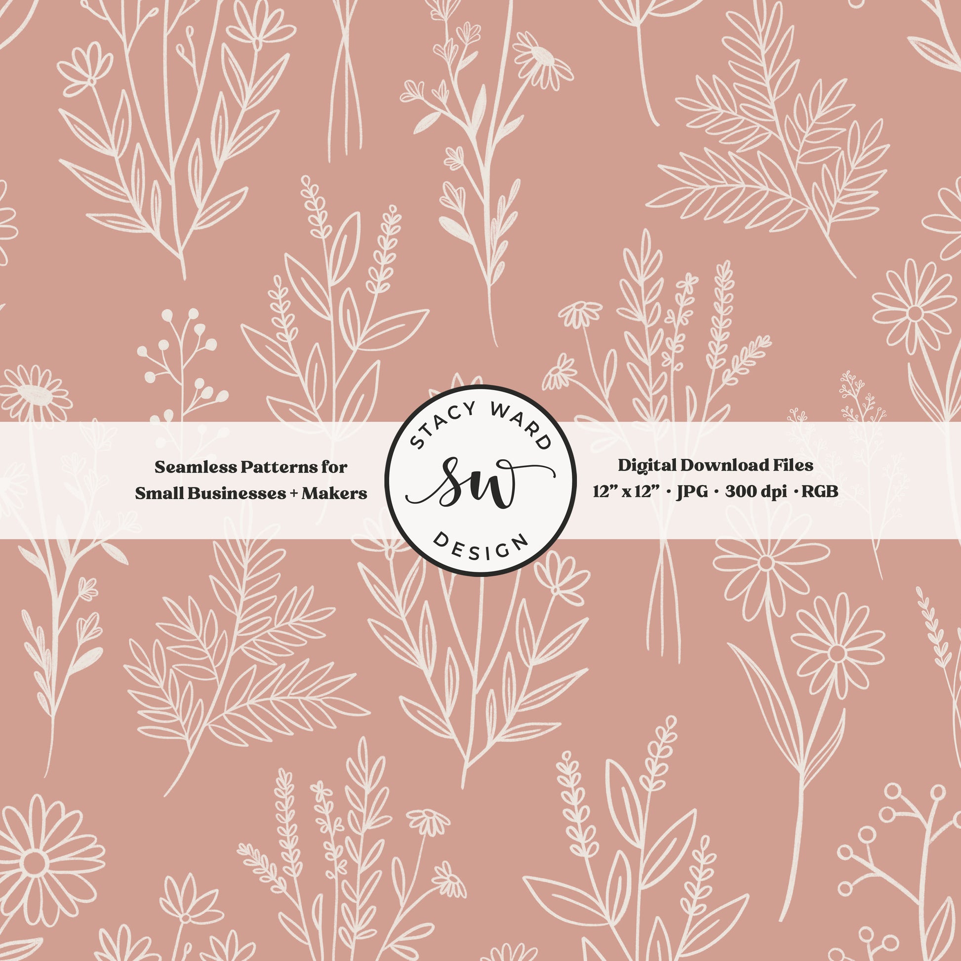 Sketchy line art wildflower illustrations in a seamless pattern in cream chalk style flowers on feminine dusty rose delicate floral toile botanical