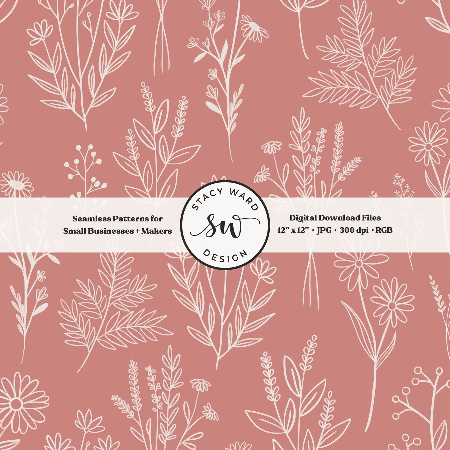 Sketchy line art wildflower illustrations in a seamless pattern in cream chalk style flowers on romantic old rose delicate floral toile botanical