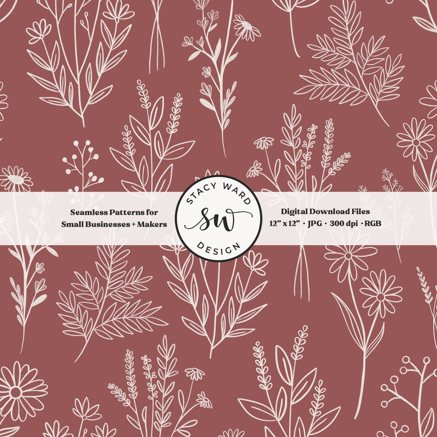 Sketchy line art wildflower illustrations in a seamless pattern in cream chalk style flowers on burgundy wine rose taupe delicate floral toile botanical