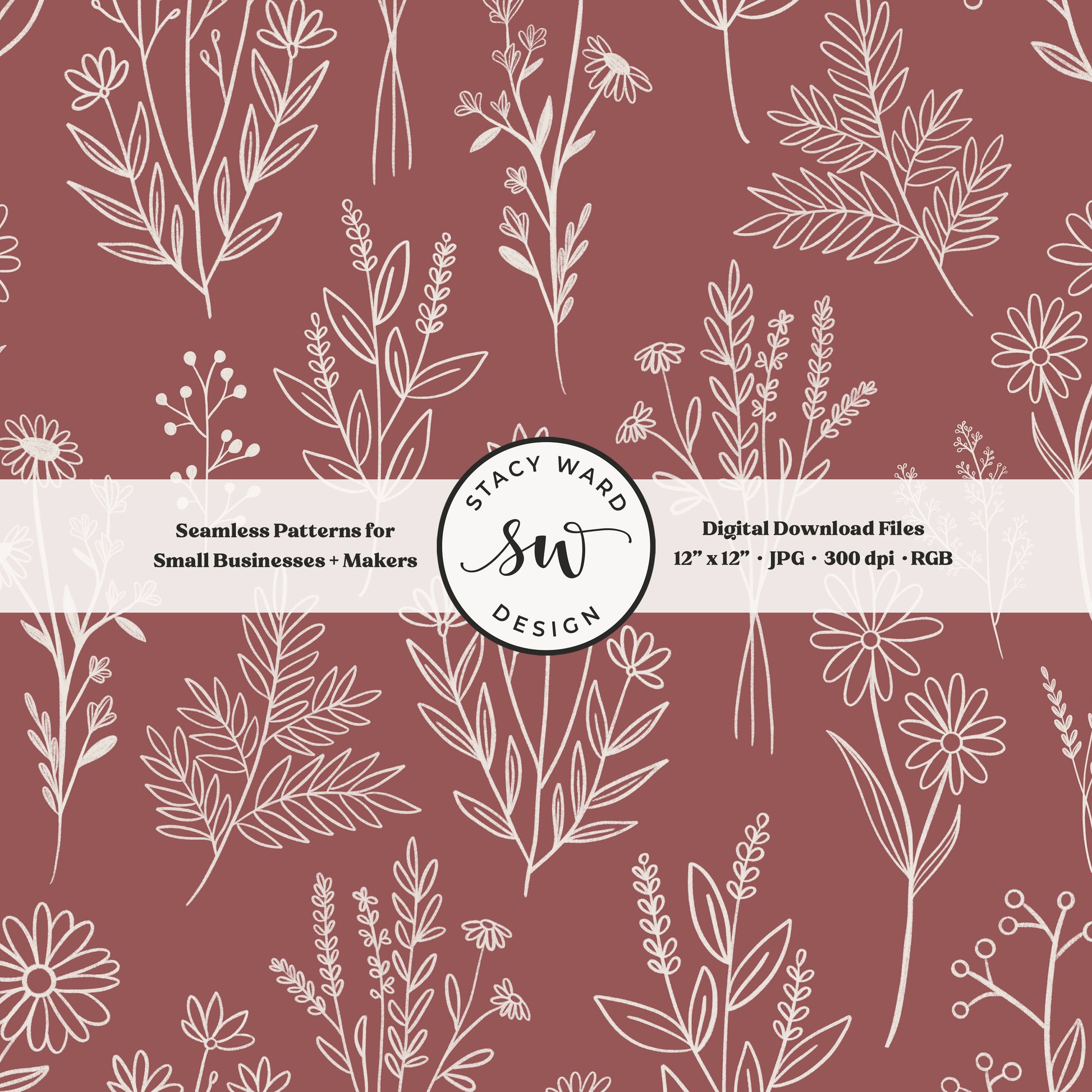 Sketchy line art wildflower illustrations in a seamless pattern in cream chalk style flowers on burgundy wine rose taupe delicate floral toile botanical