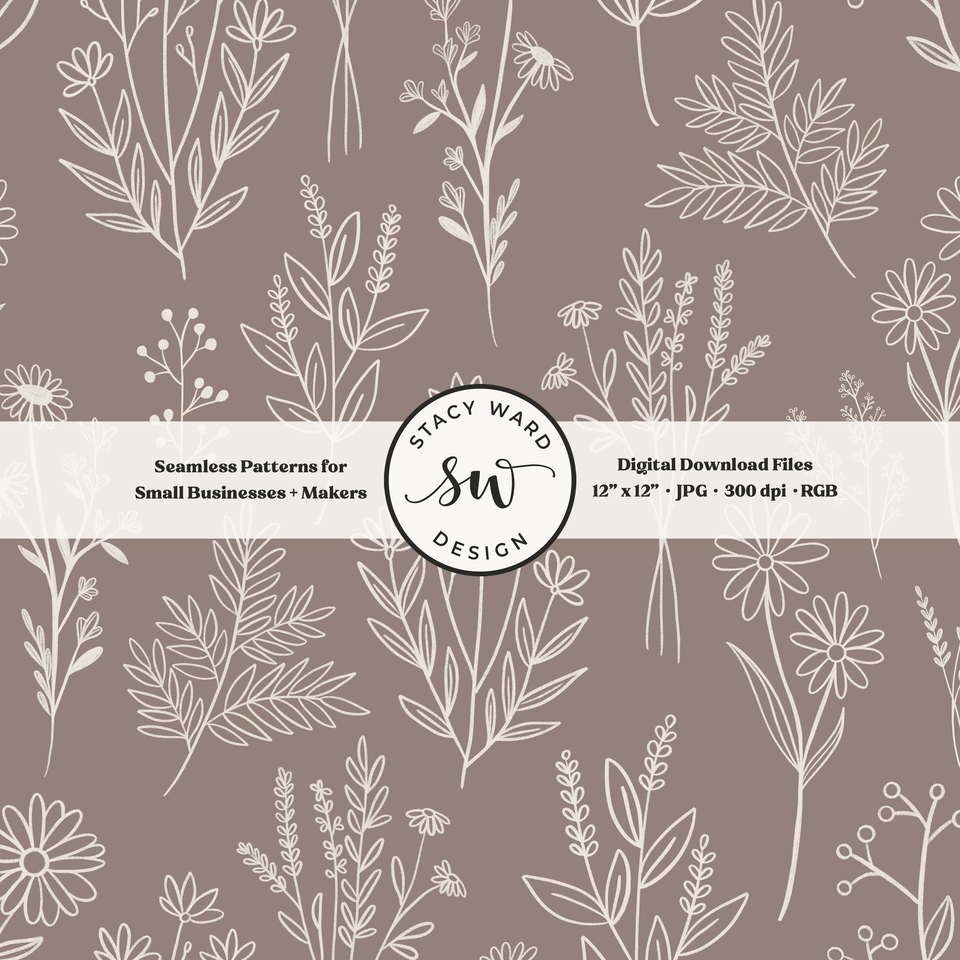 Sketchy line art wildflower illustrations in a seamless pattern in cream chalk style flowers on earth tone taupe greige delicate floral toile botanical