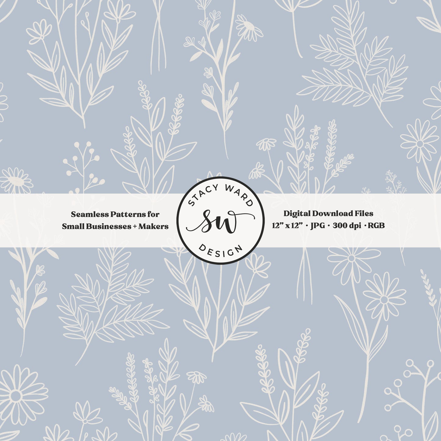Sketchy line art wildflower illustrations in a seamless pattern in cream chalk style flowers on soft pastel blue delicate floral toile botanical