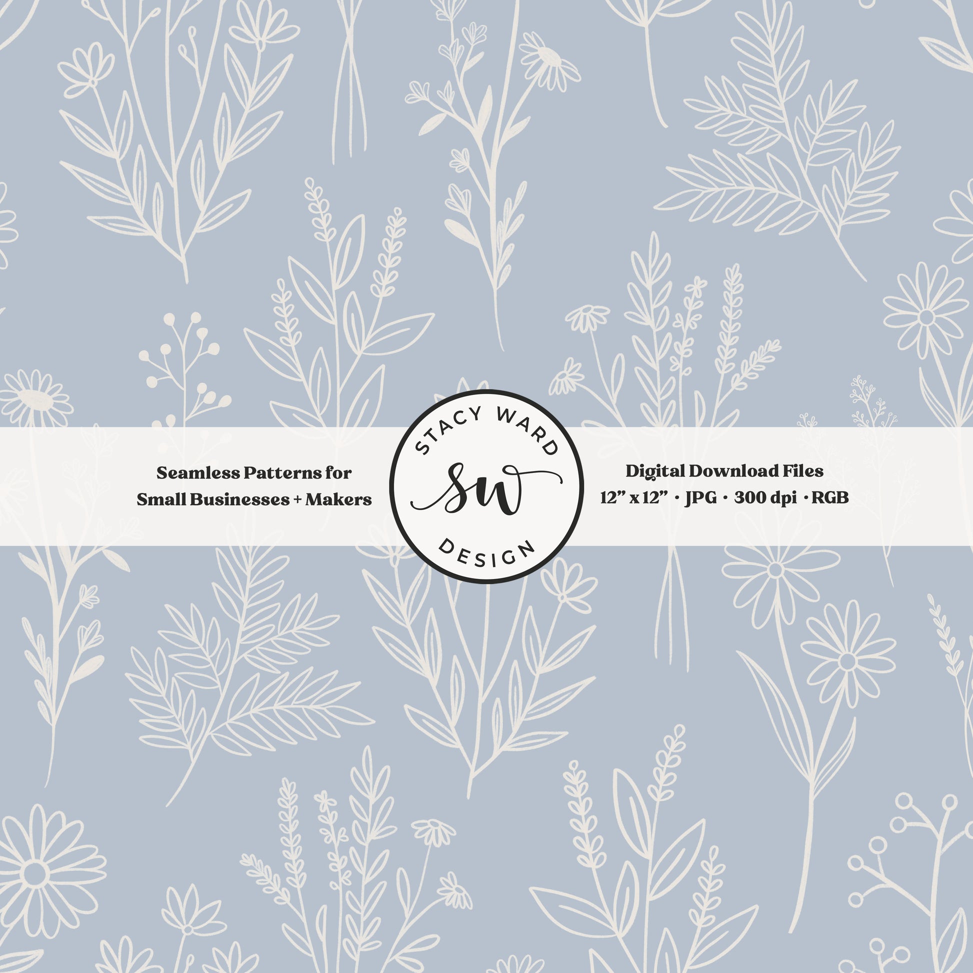 Sketchy line art wildflower illustrations in a seamless pattern in cream chalk style flowers on soft pastel blue delicate floral toile botanical
