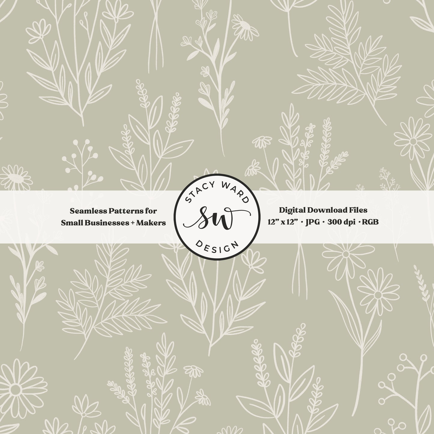 Sketchy line art wildflower illustrations in a seamless pattern in cream chalk style flowers on muted sage green delicate floral toile botanical