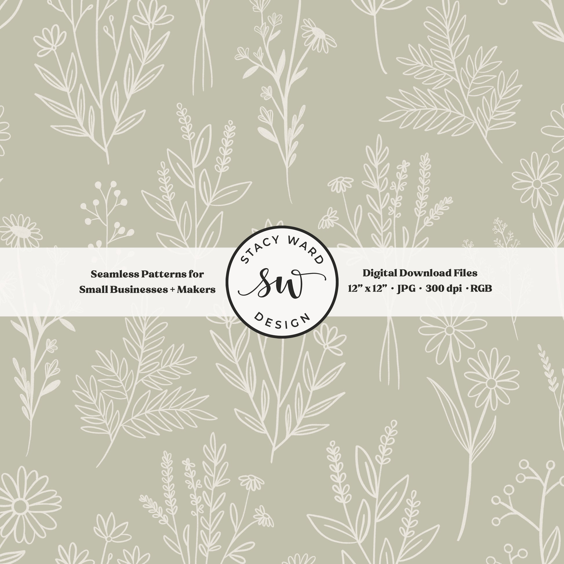 Sketchy line art wildflower illustrations in a seamless pattern in cream chalk style flowers on muted sage green delicate floral toile botanical