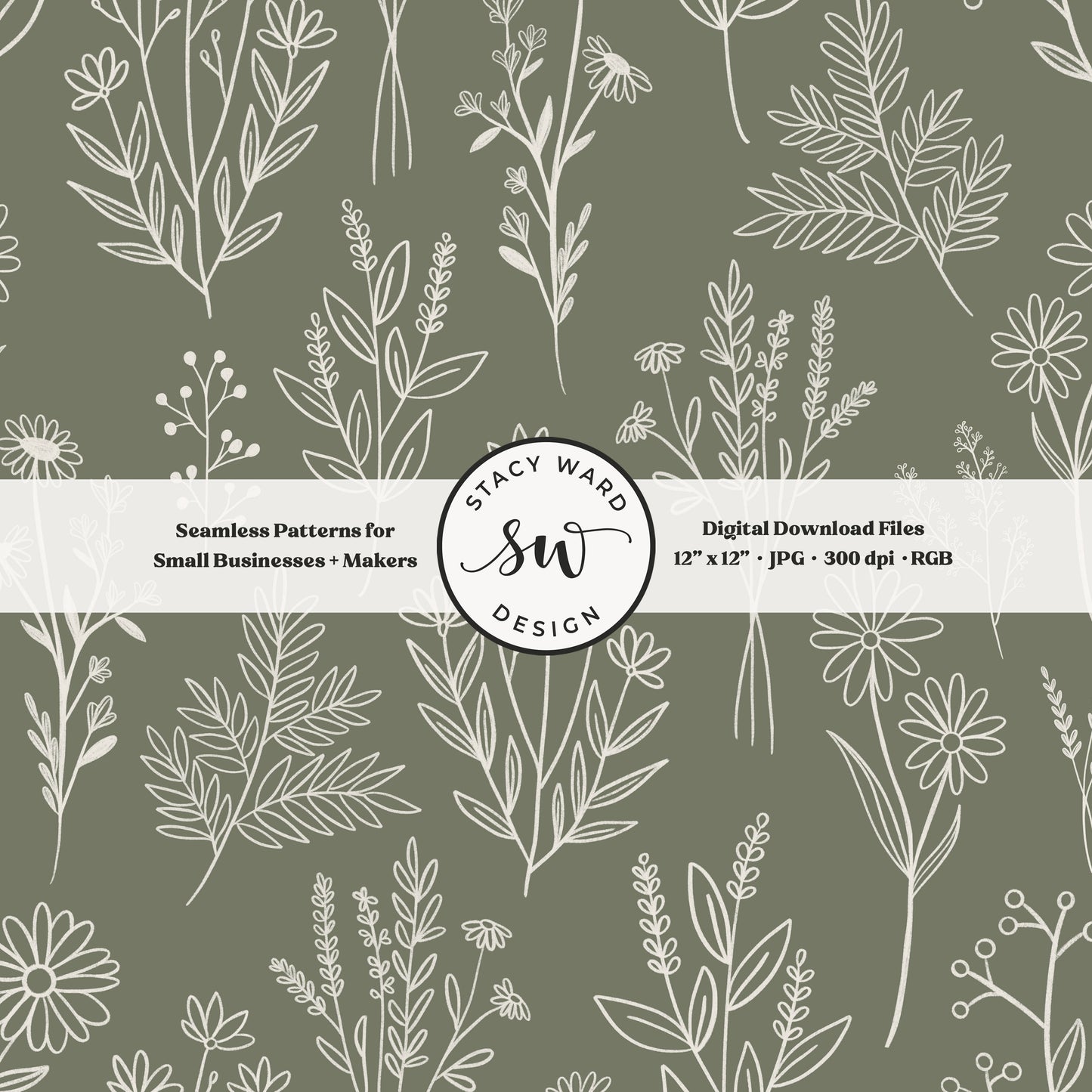Sketchy line art wildflower illustrations in a seamless pattern in cream chalk style flowers on vintage olive green delicate floral toile botanical