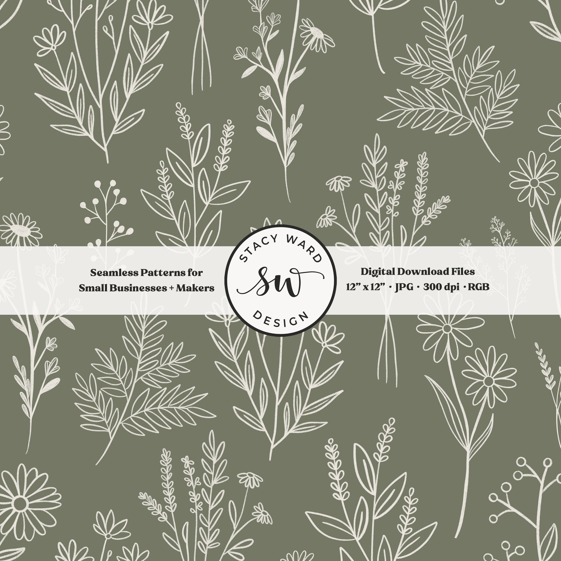 Sketchy line art wildflower illustrations in a seamless pattern in cream chalk style flowers on vintage olive green delicate floral toile botanical