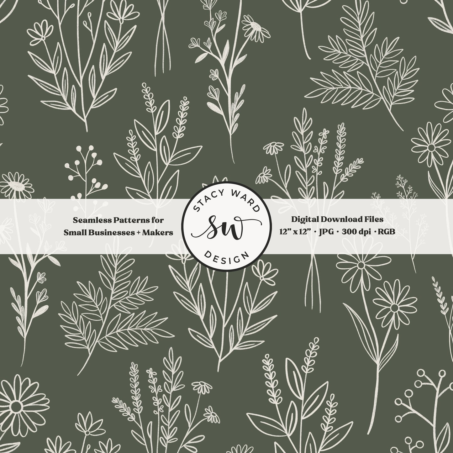 Sketchy line art wildflower illustrations in a seamless pattern in cream chalk style flowers on dark forest green delicate floral toile botanical