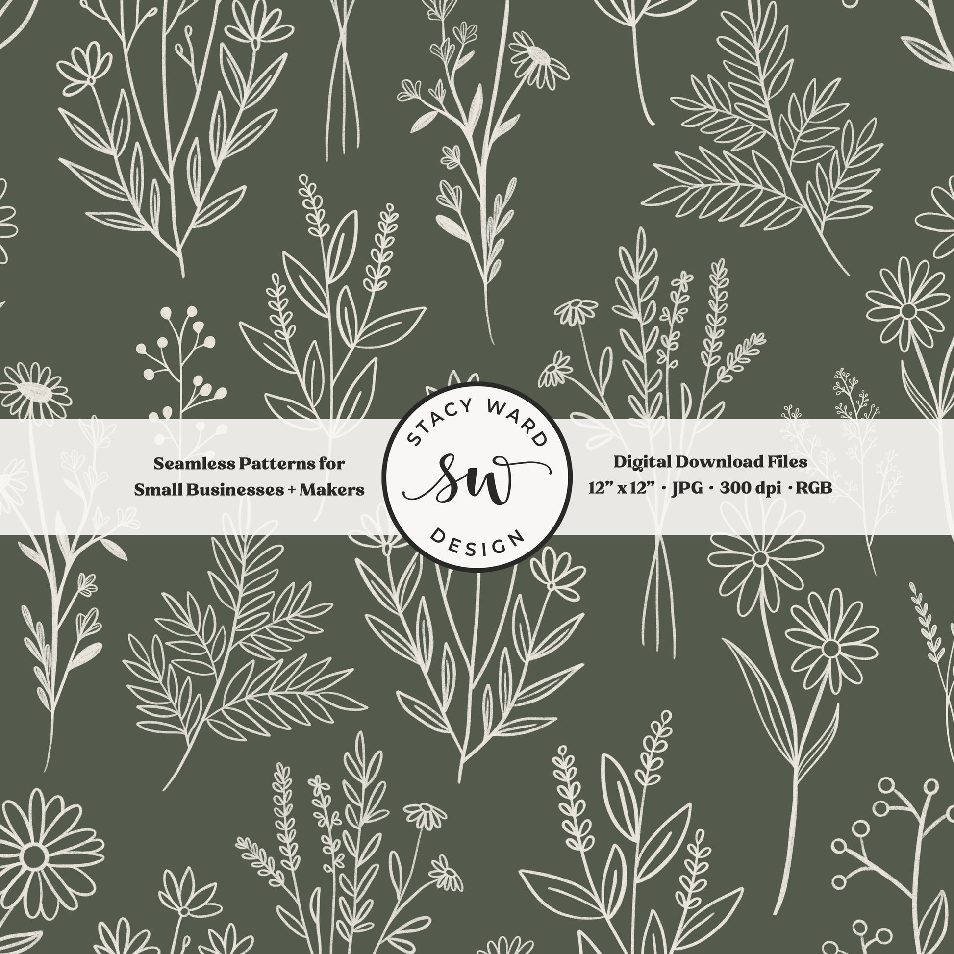 Sketchy line art wildflower illustrations in a seamless pattern in cream chalk style flowers on dark forest green delicate floral toile botanical