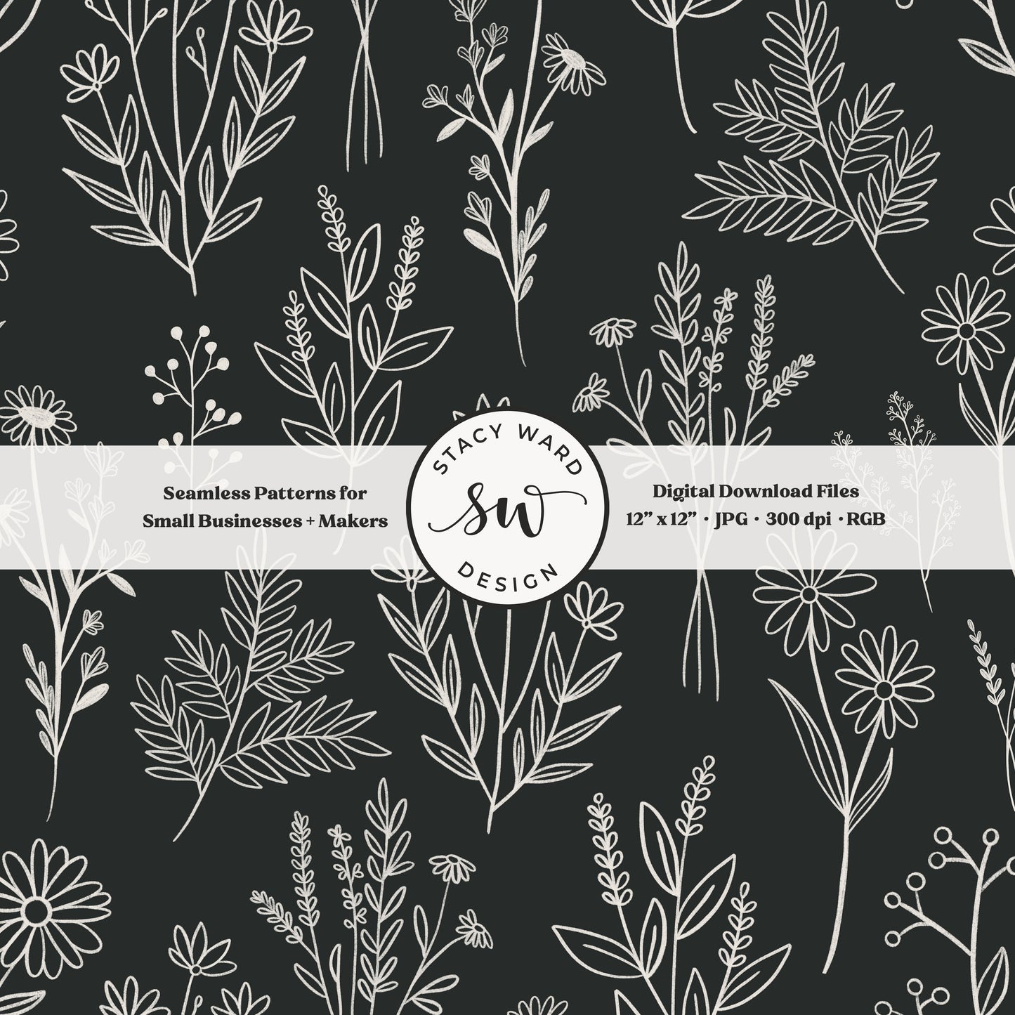 Sketchy line art wildflower illustrations in a seamless pattern in cream chalk style flowers on dramatic charcoal black delicate floral toile botanical