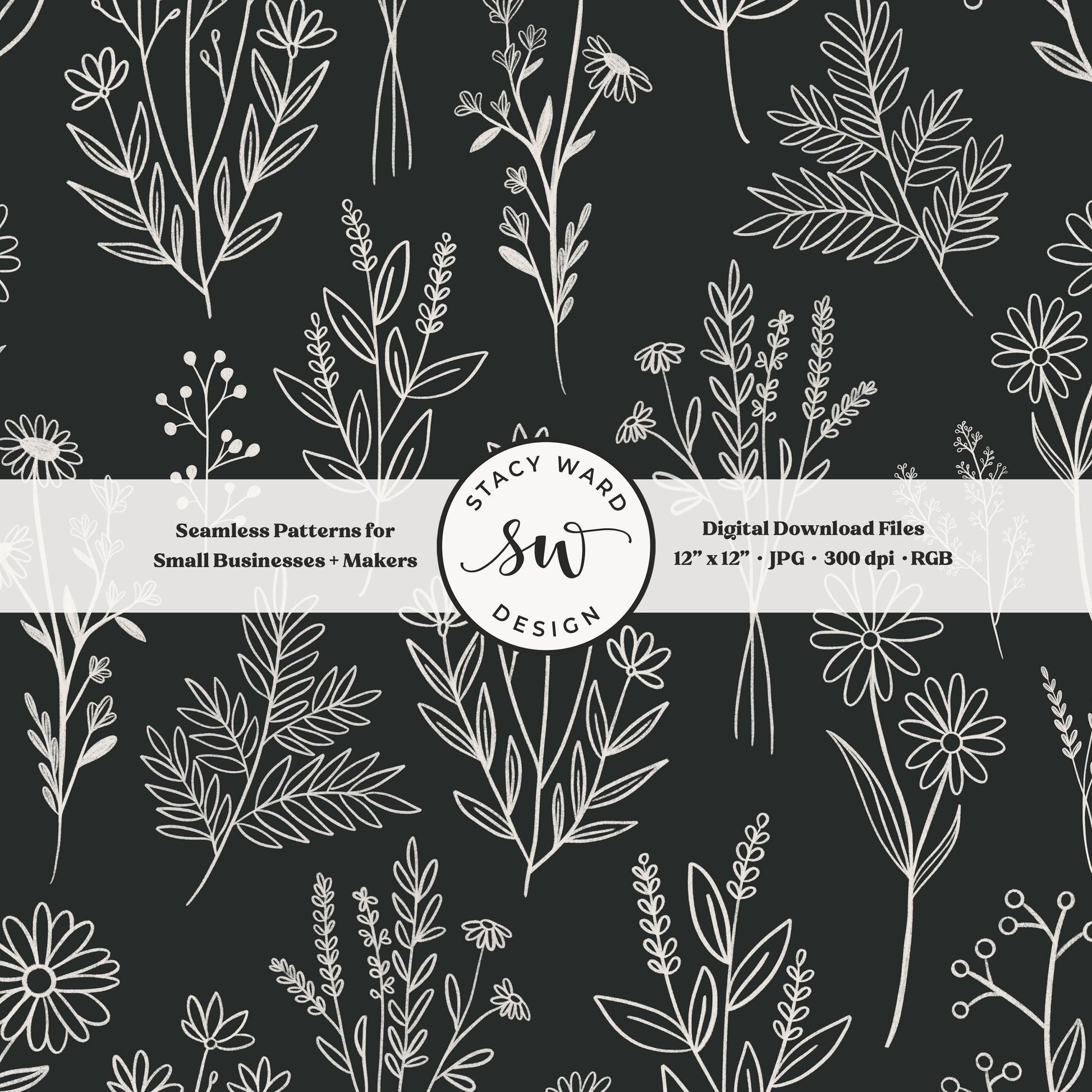 Sketchy line art wildflower illustrations in a seamless pattern in cream chalk style flowers on dramatic charcoal black delicate floral toile botanical