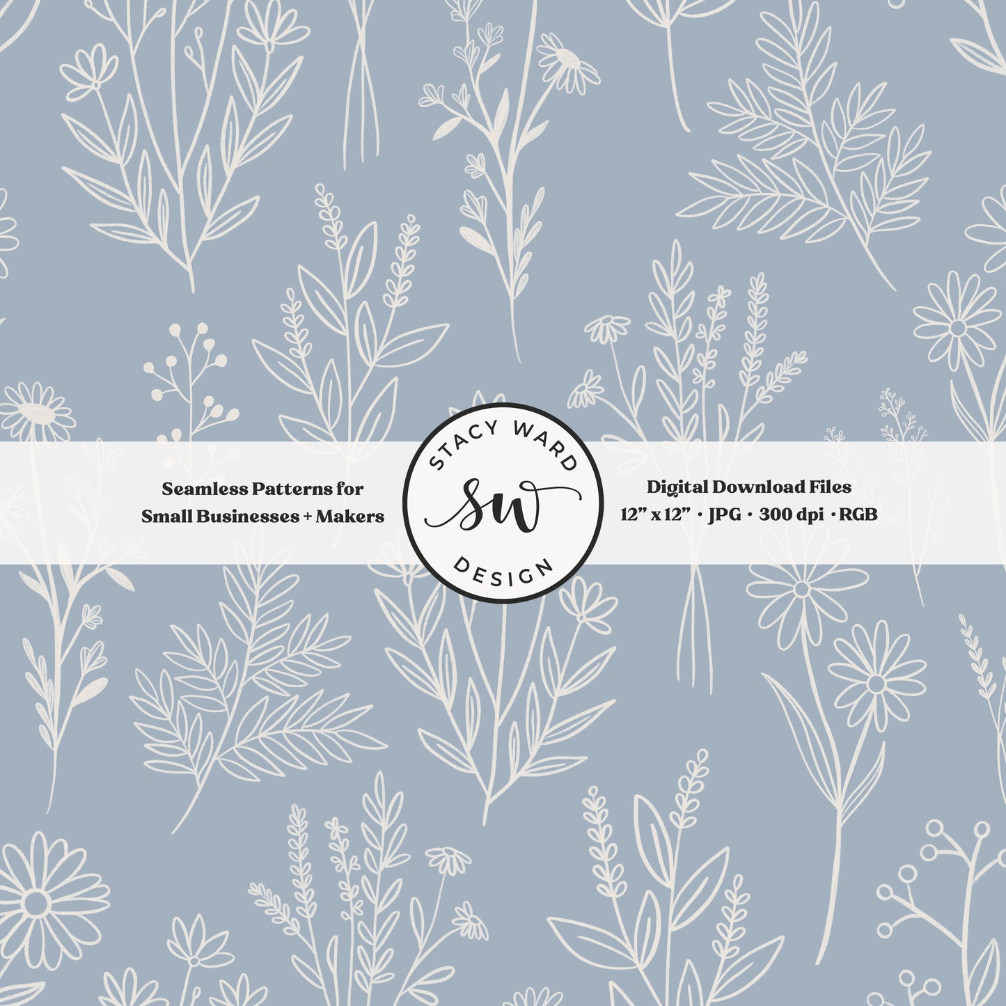 Sketchy line art wildflower illustrations in a seamless pattern in cream chalk style flowers on coastal muted blue delicate floral toile botanical
