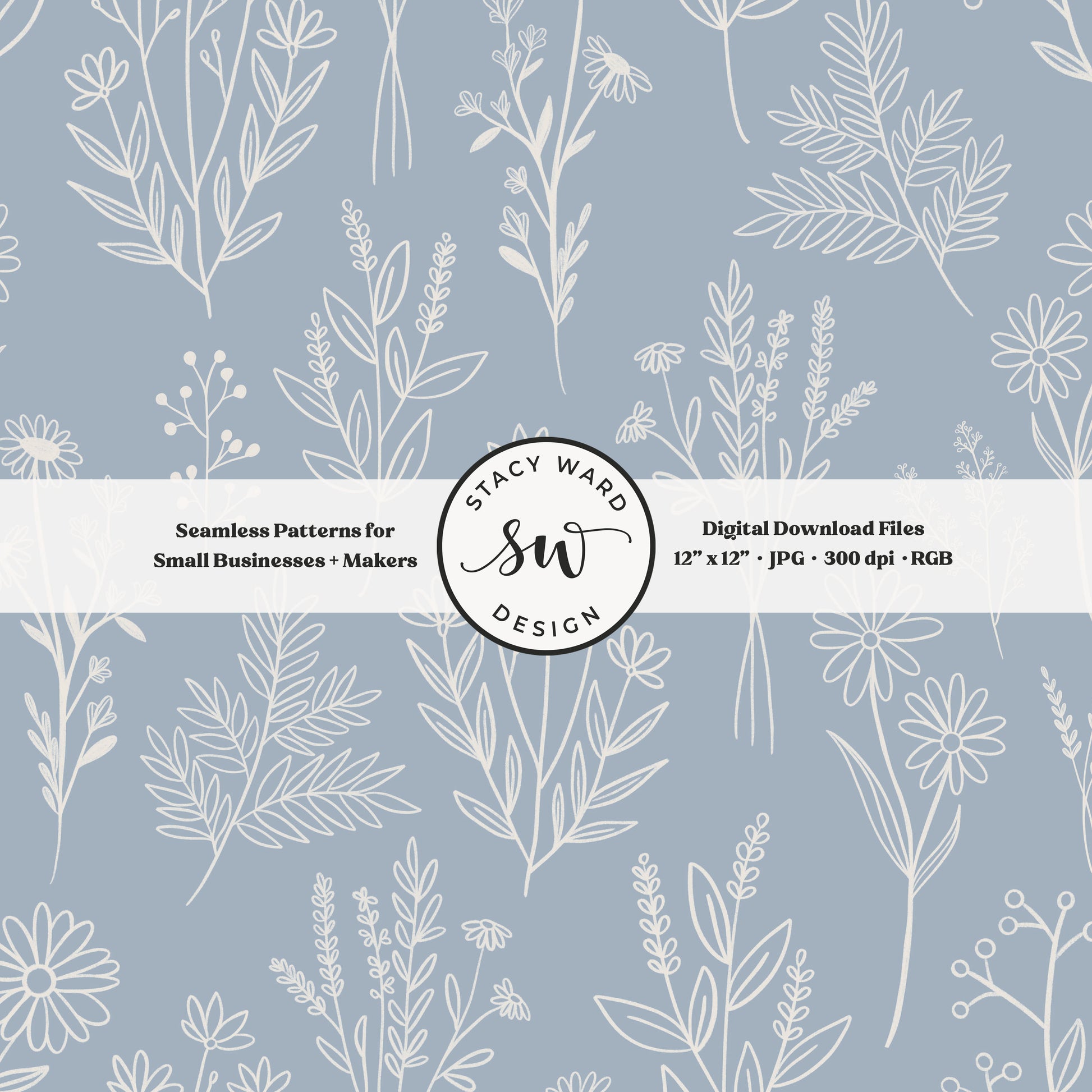 Sketchy line art wildflower illustrations in a seamless pattern in cream chalk style flowers on coastal muted blue delicate floral toile botanical