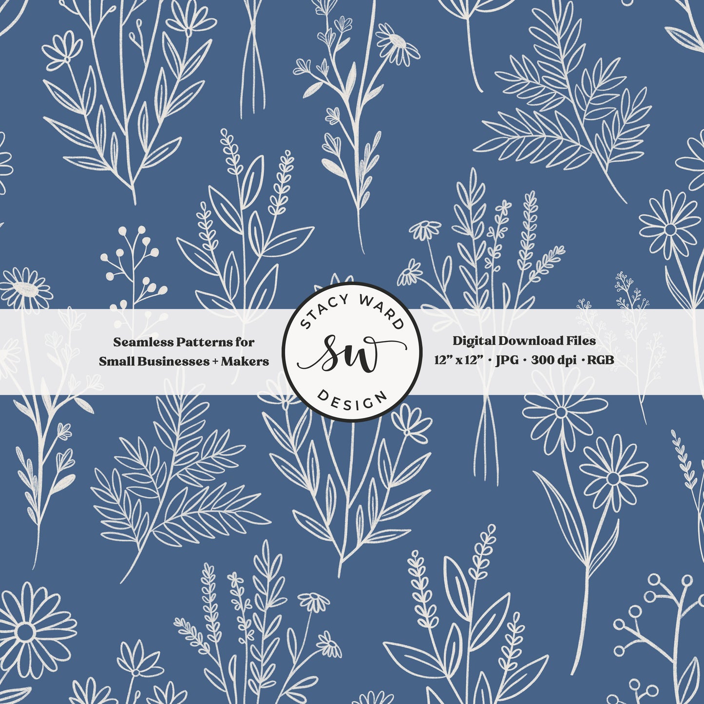 Sketchy line art wildflower illustrations in a seamless pattern in cream chalk style flowers on bold teal blue delicate floral toile botanical