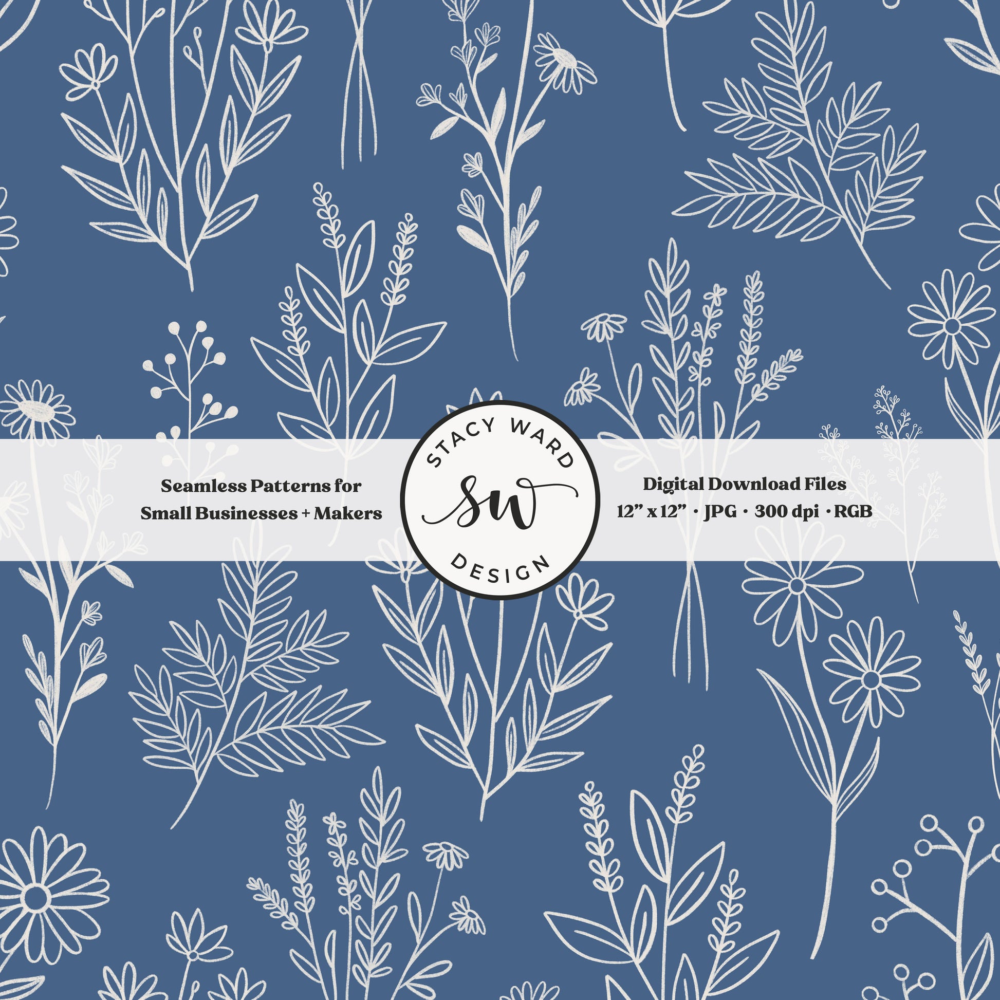 Sketchy line art wildflower illustrations in a seamless pattern in cream chalk style flowers on bold teal blue delicate floral toile botanical
