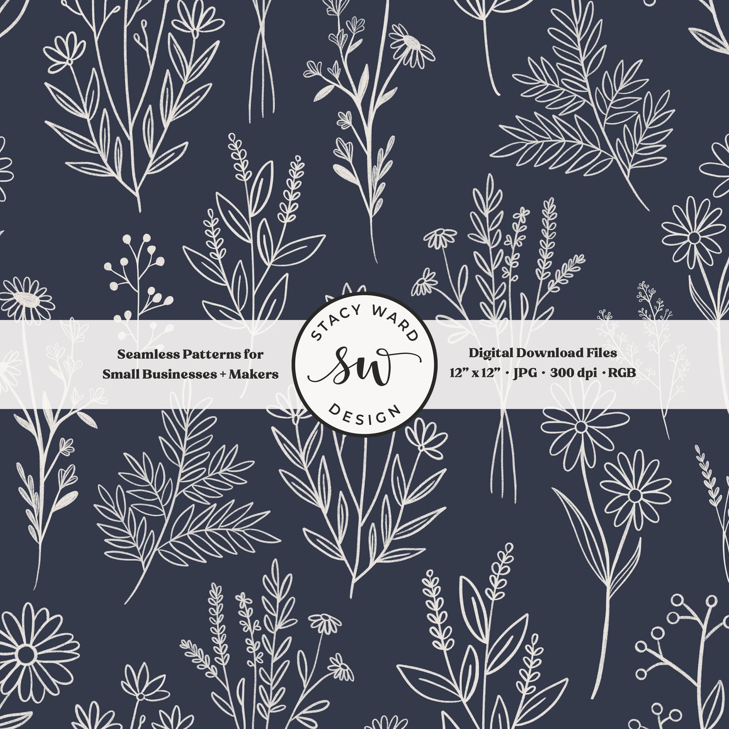 Sketchy line art wildflower illustrations in a seamless pattern in cream chalk style flowers on dark navy blue delicate floral toile botanical