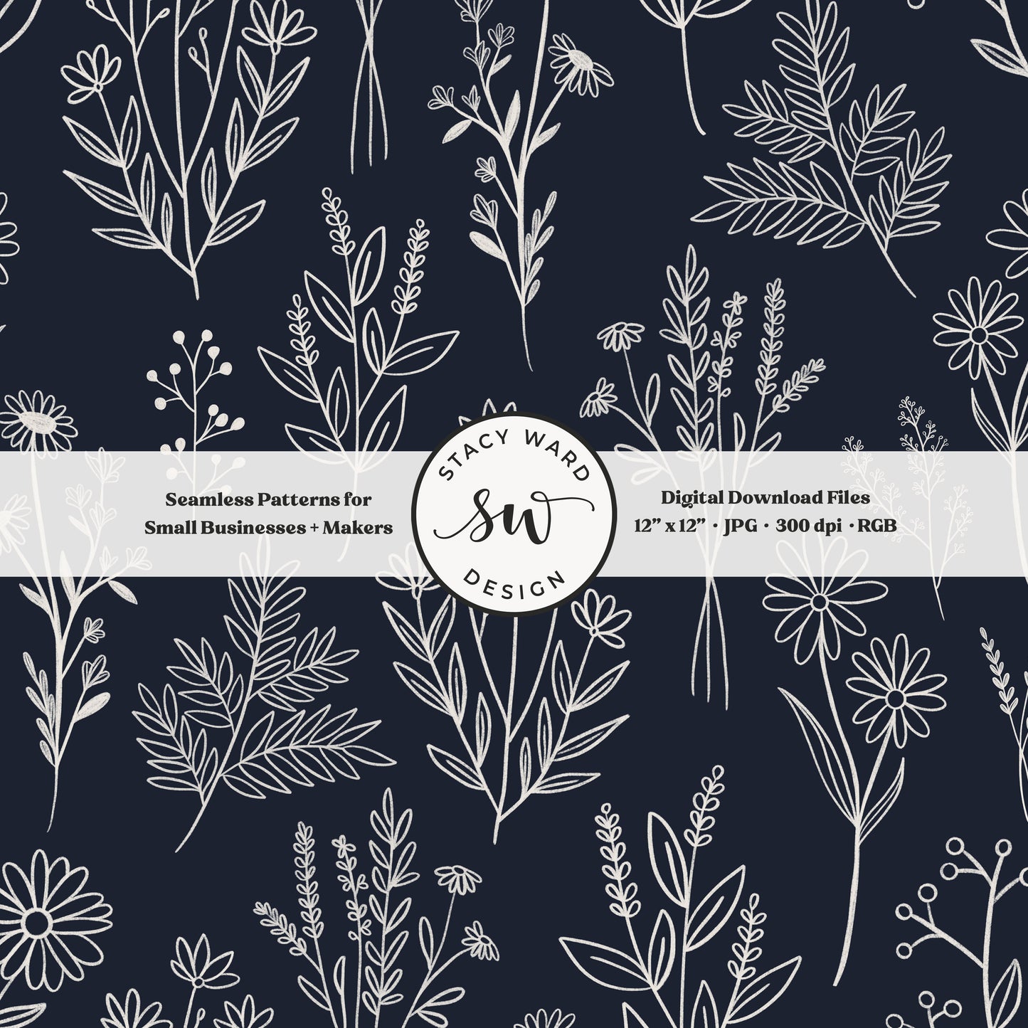 Sketchy line art wildflower illustrations in a seamless pattern in cream chalk style flowers on preppy dark navy delicate floral toile botanical
