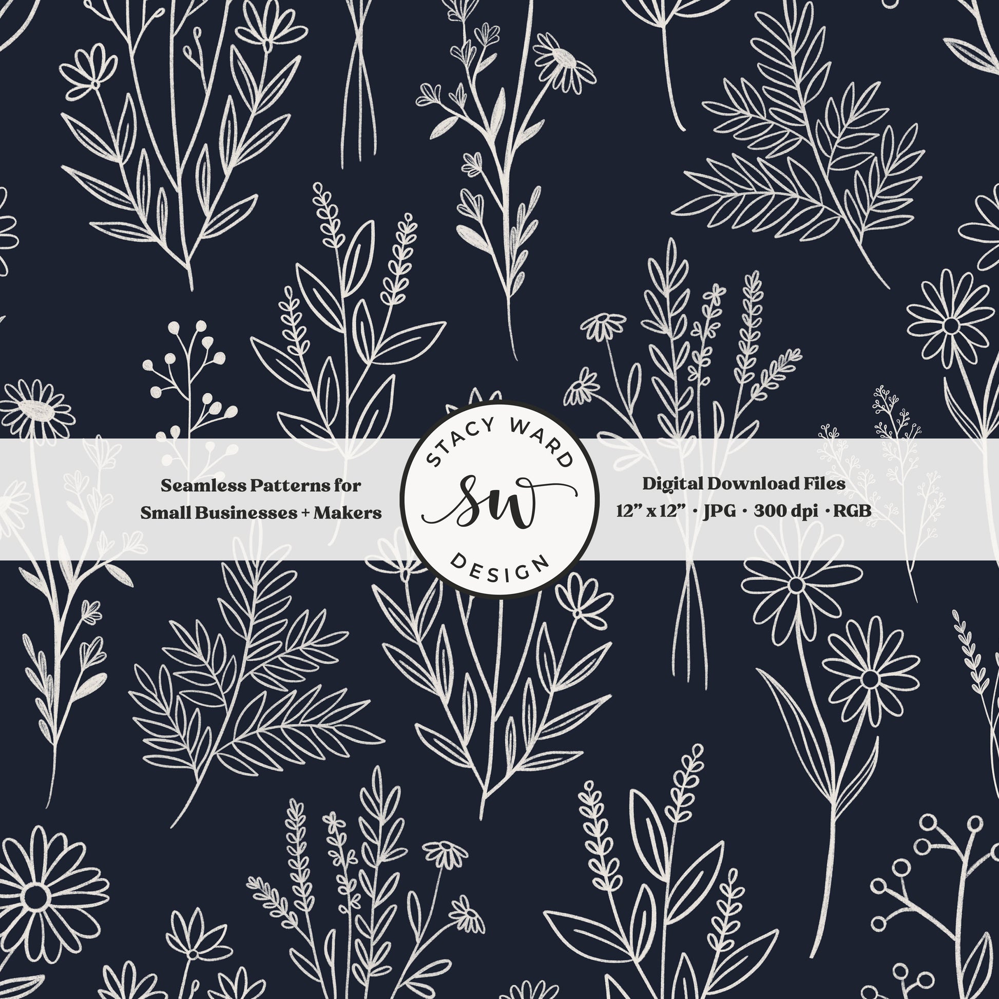 Sketchy line art wildflower illustrations in a seamless pattern in cream chalk style flowers on preppy dark navy delicate floral toile botanical