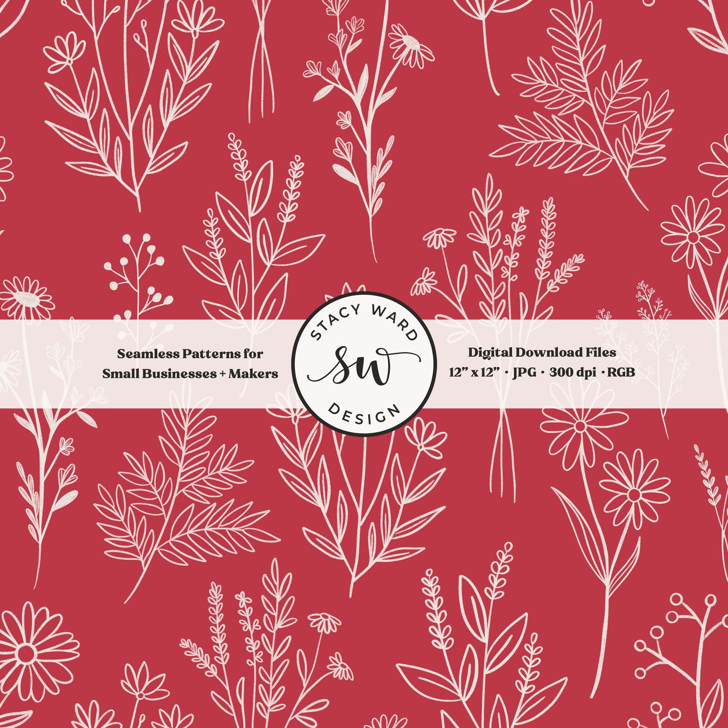 Sketchy line art wildflower illustrations in a seamless pattern in cream chalk style flowers on retro crimson red delicate floral toile botanical