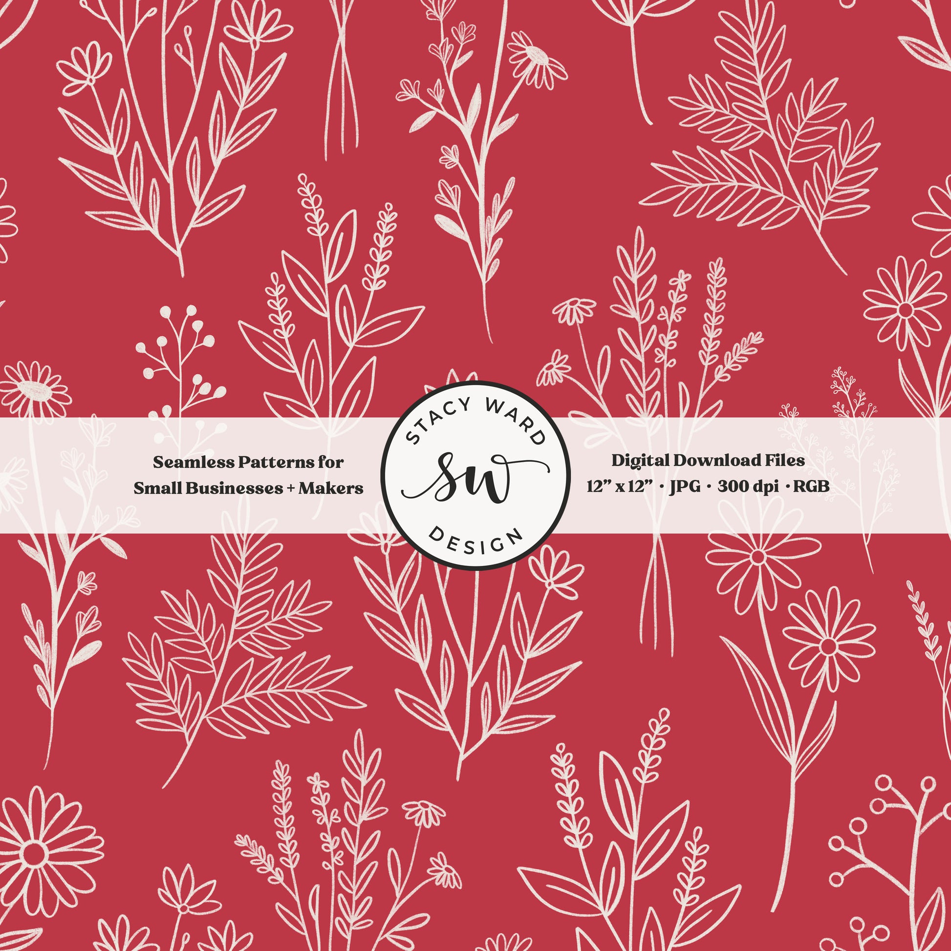 Sketchy line art wildflower illustrations in a seamless pattern in cream chalk style flowers on retro crimson red delicate floral toile botanical
