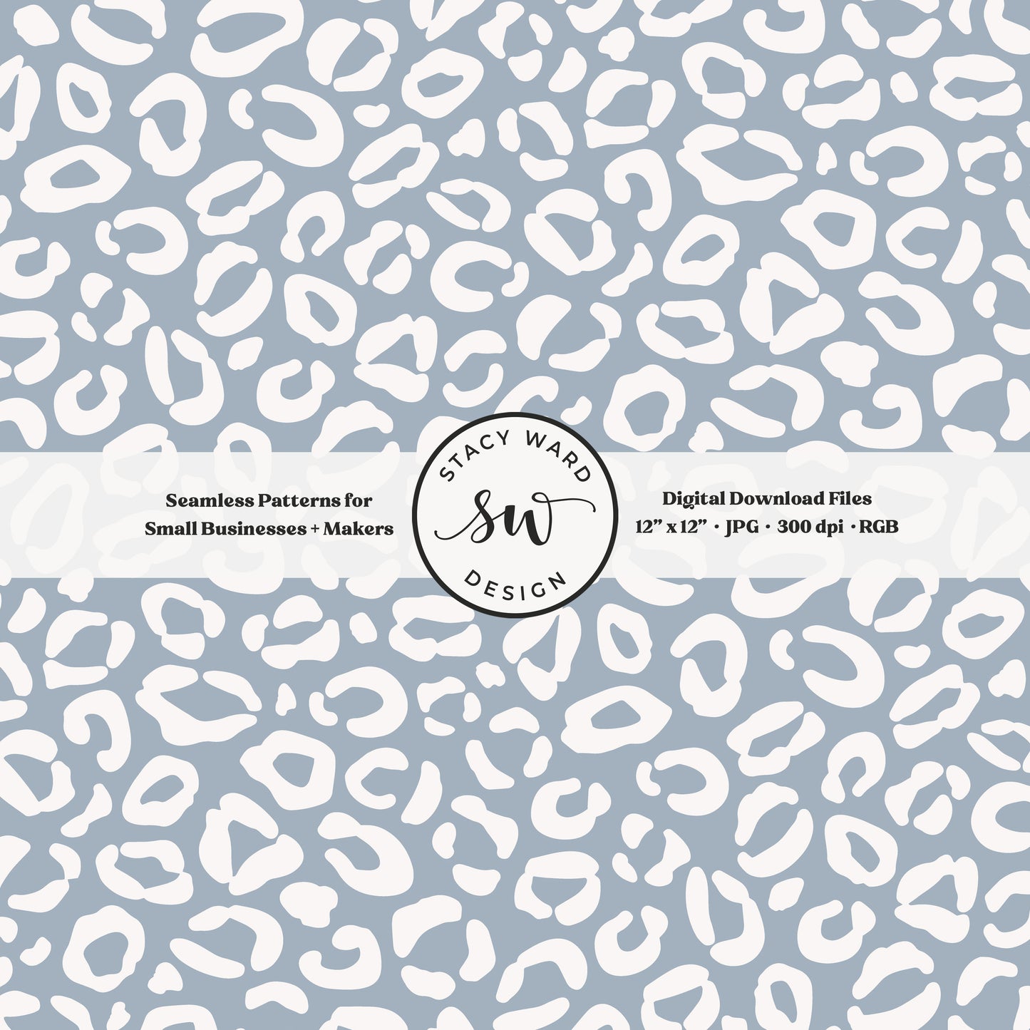 Cheetah print seamless fabric design for commercial use, off white on dusty light steel blue, modern coastal leopard skin