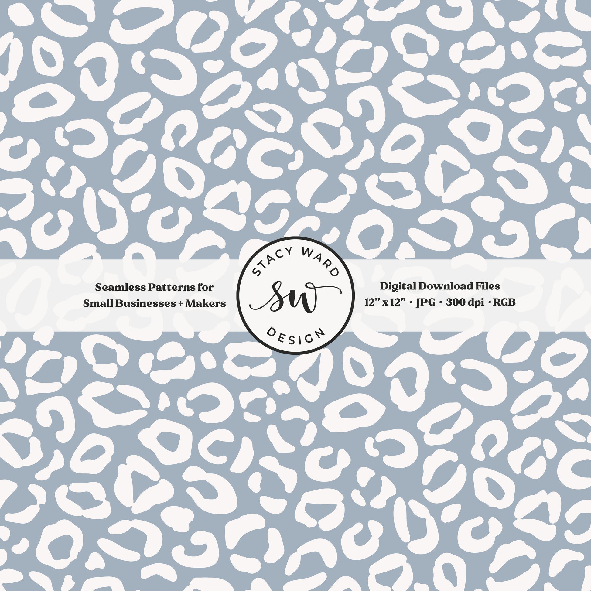 Cheetah print seamless fabric design for commercial use, off white on dusty light steel blue, modern coastal leopard skin