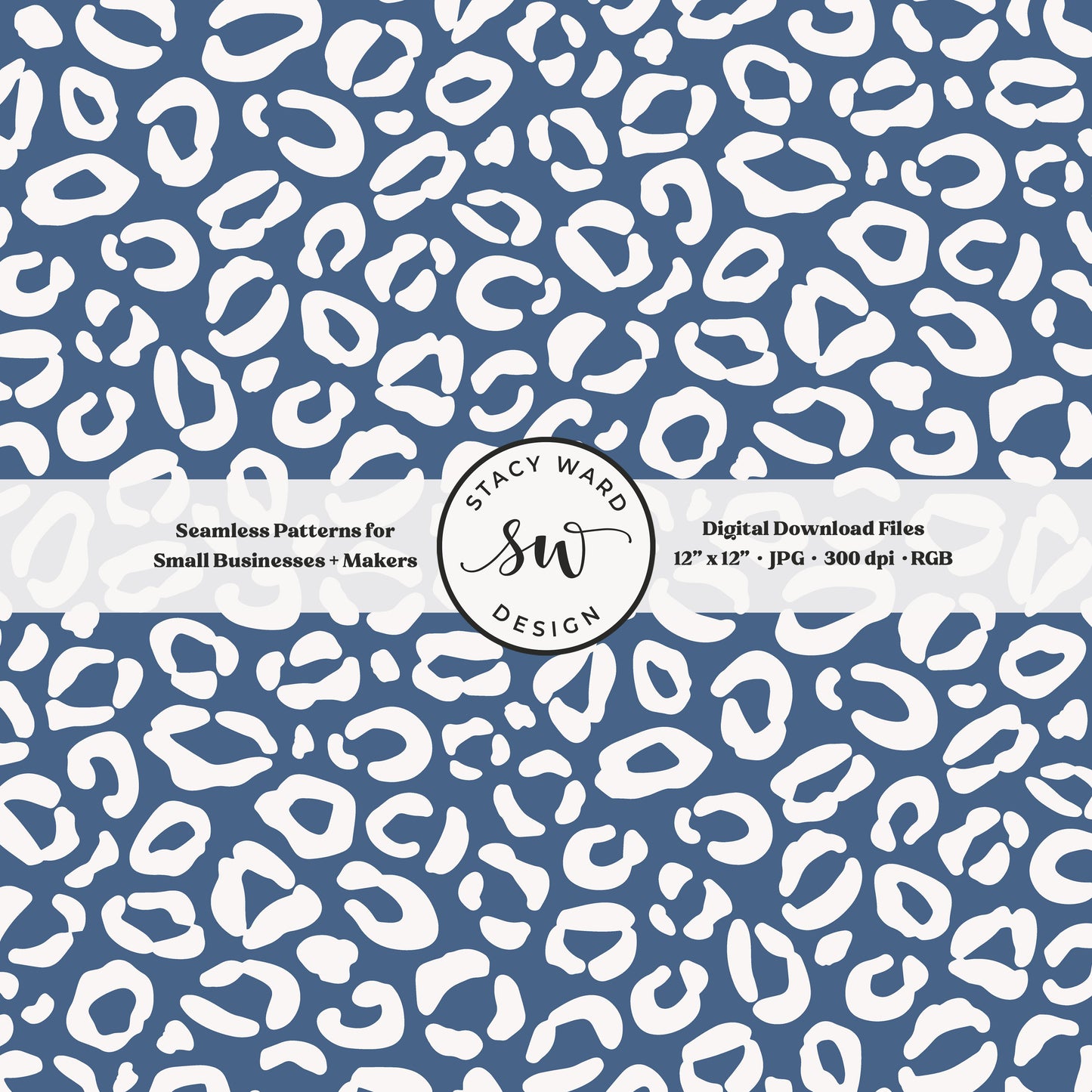 Cheetah print seamless fabric design for commercial use, off white on retro federal blue, modern preppy leopard skin