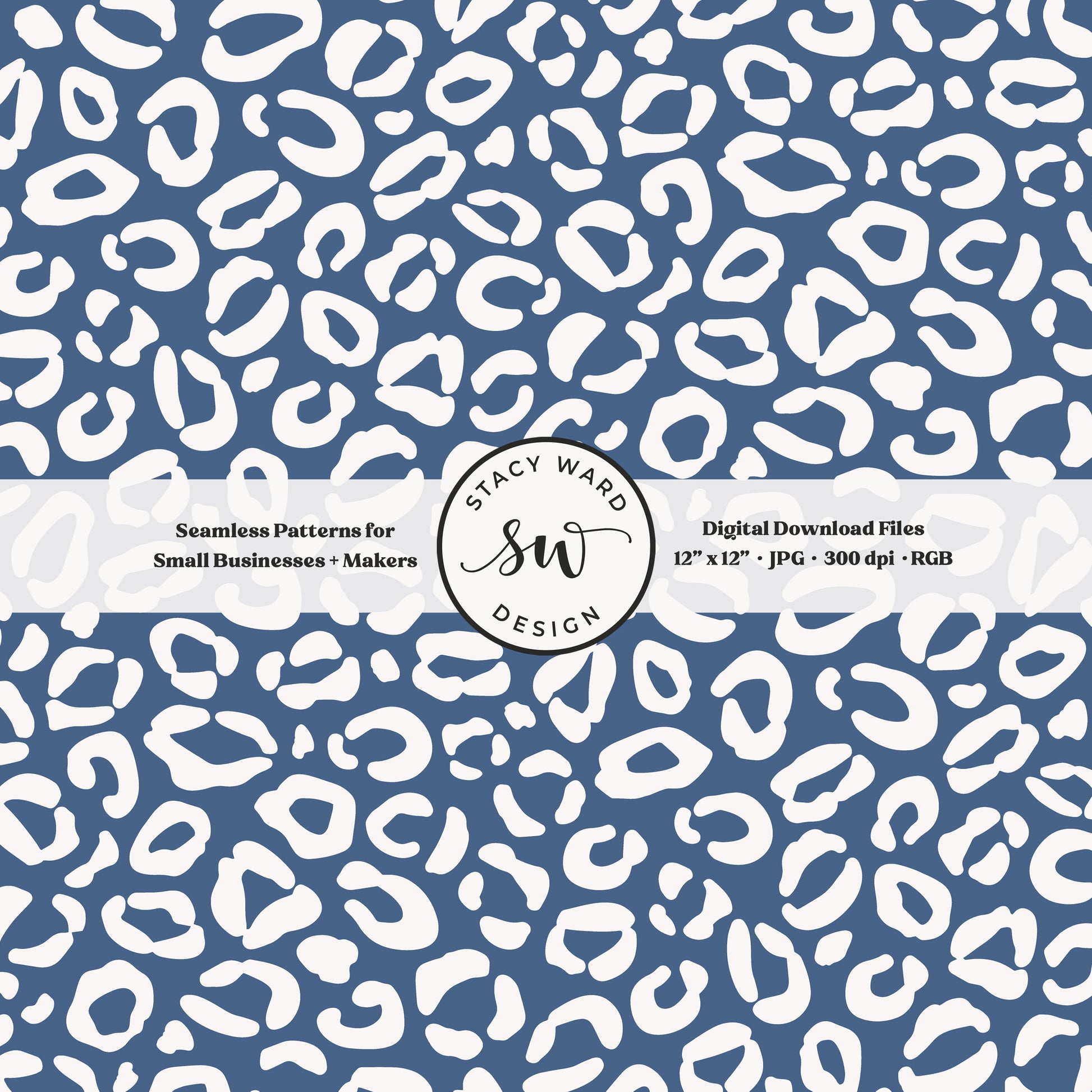 Cheetah print seamless fabric design for commercial use, off white on retro federal blue, modern preppy leopard skin