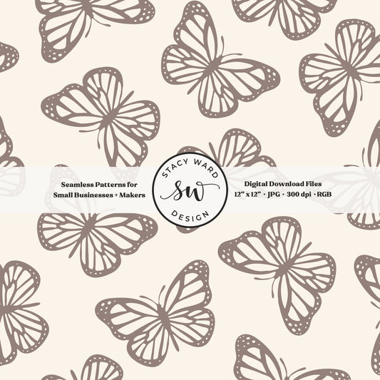 Simple butterfly seamless pattern in grayish brown taupe beige on cream vintage minimalist butterflies