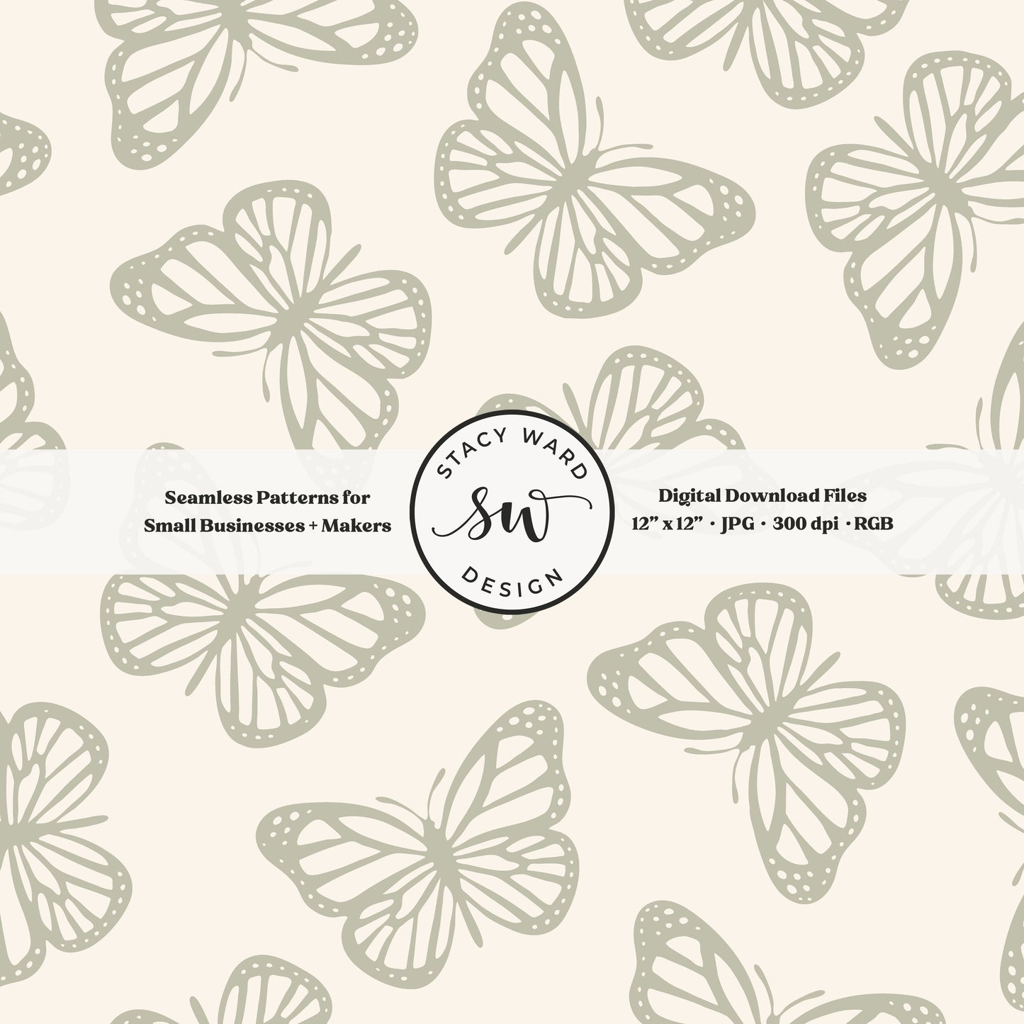 Simple butterfly seamless pattern in soft dusty sage on cream sweet minimalist butterflies