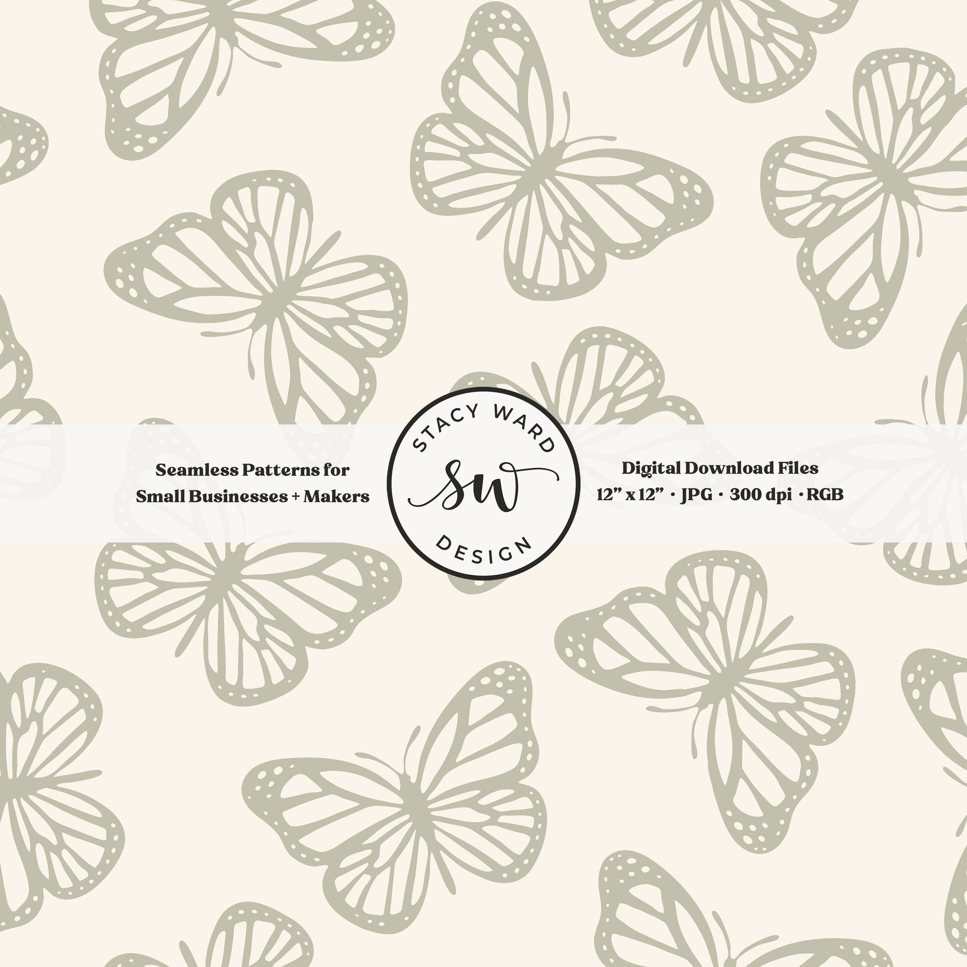 Simple butterfly seamless pattern in soft dusty sage on cream sweet minimalist butterflies
