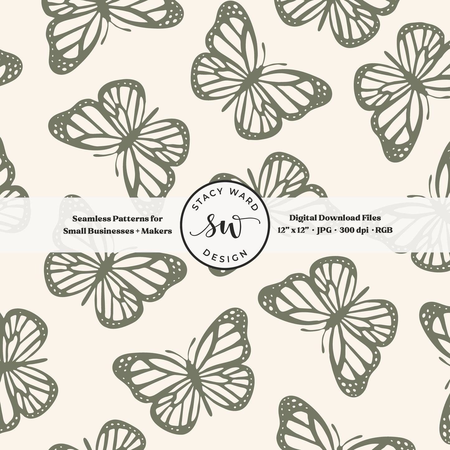 Simple butterfly seamless pattern in earth tone camouflage green on cream timeless minimalist butterflies